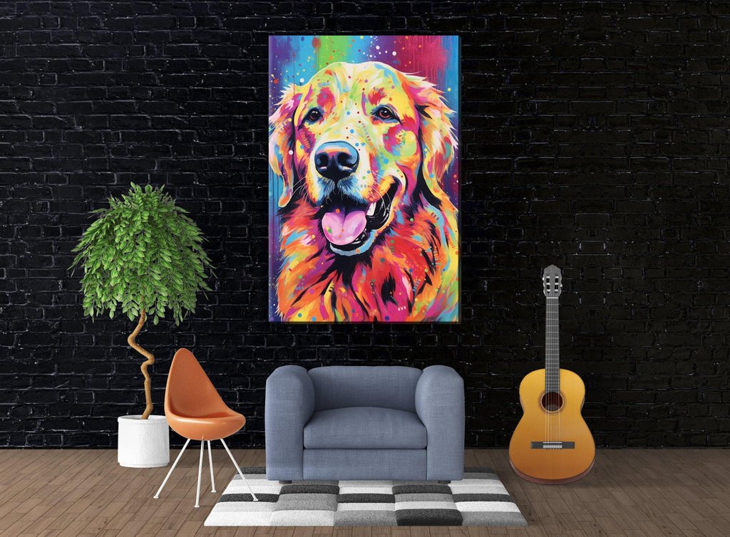 Golden Retriever Canvas - Large Colorful Dog Wall Art Print With Wood Frame