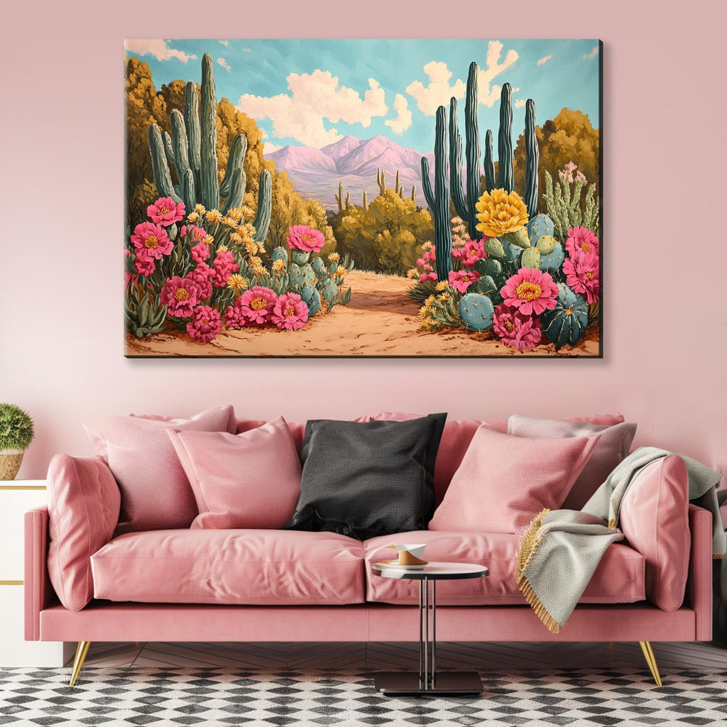 a living room with a pink couch and a painting on the wall