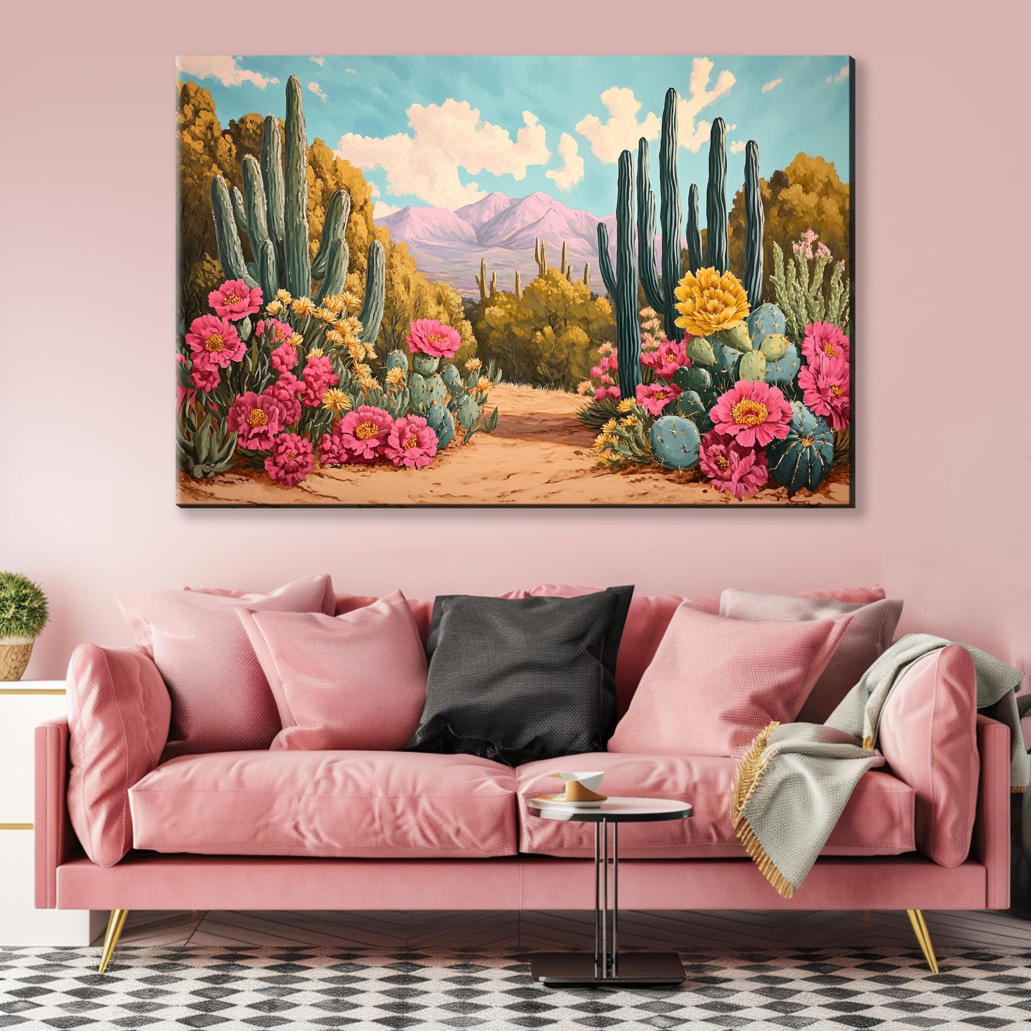 a living room with a pink couch and a painting on the wall
