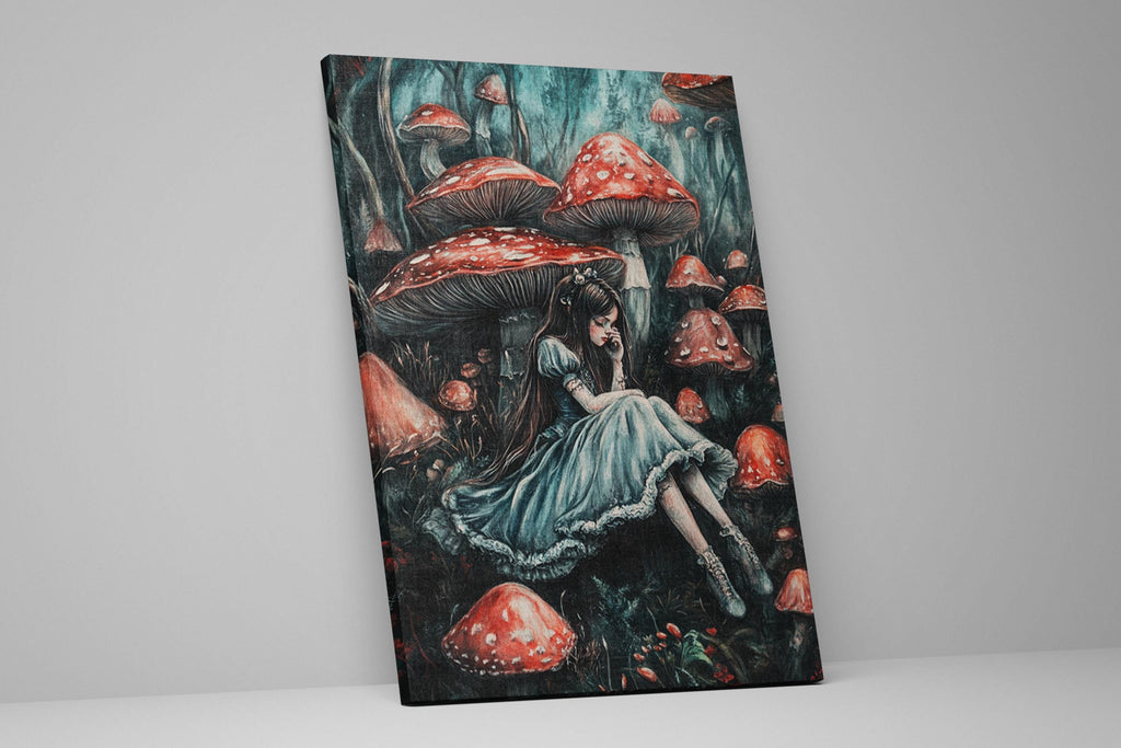 a painting of a woman sitting on a mushroom patch
