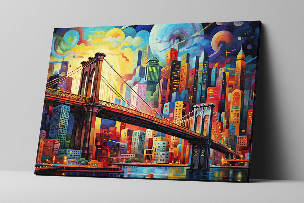 A vibrant and colorful painting depicting a cityscape with a bridge spanning across a river, surrounded by a multitude of buildings and skyscrapers.