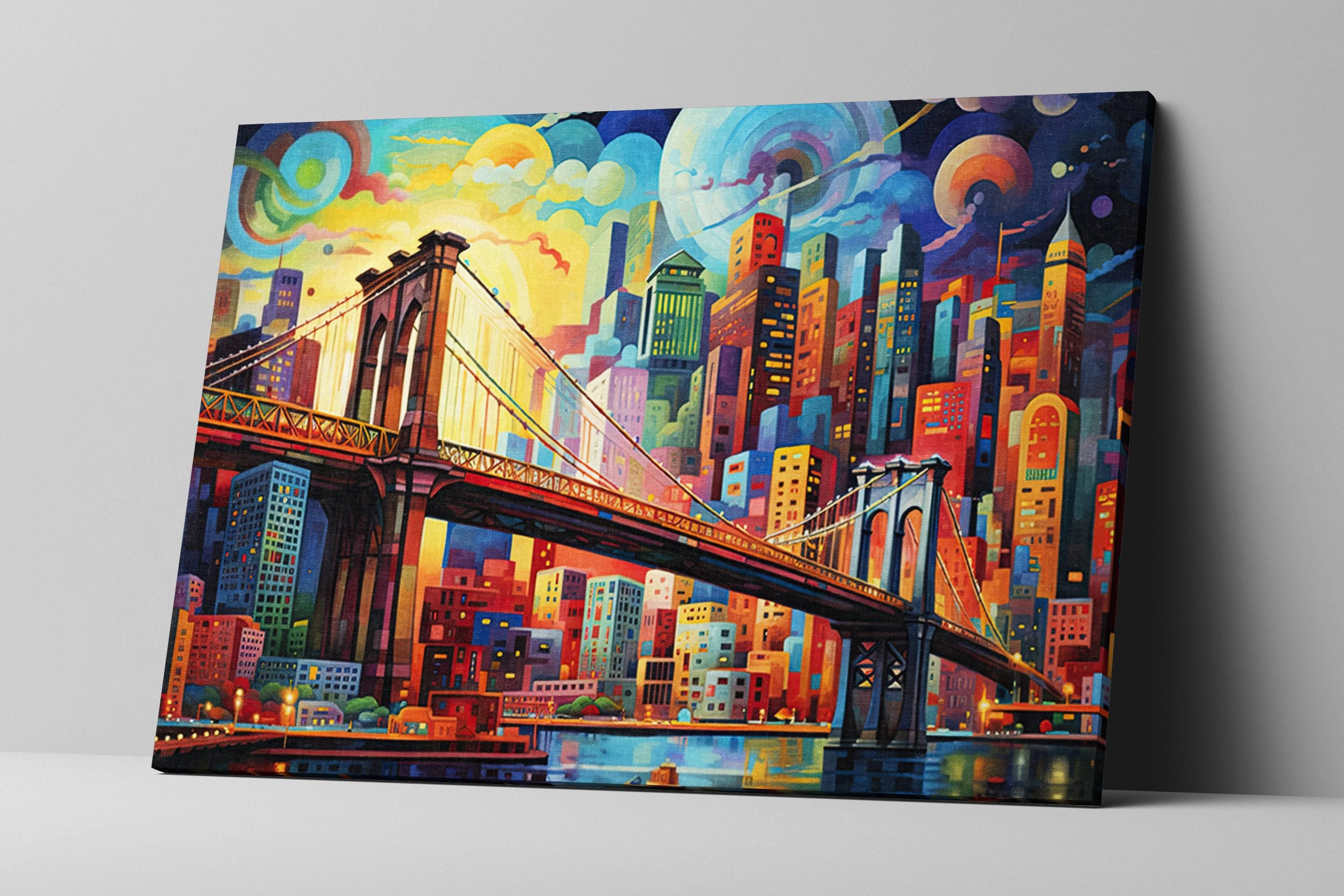A vibrant and colorful painting depicting a cityscape with a bridge spanning across a river, surrounded by a multitude of buildings and skyscrapers.