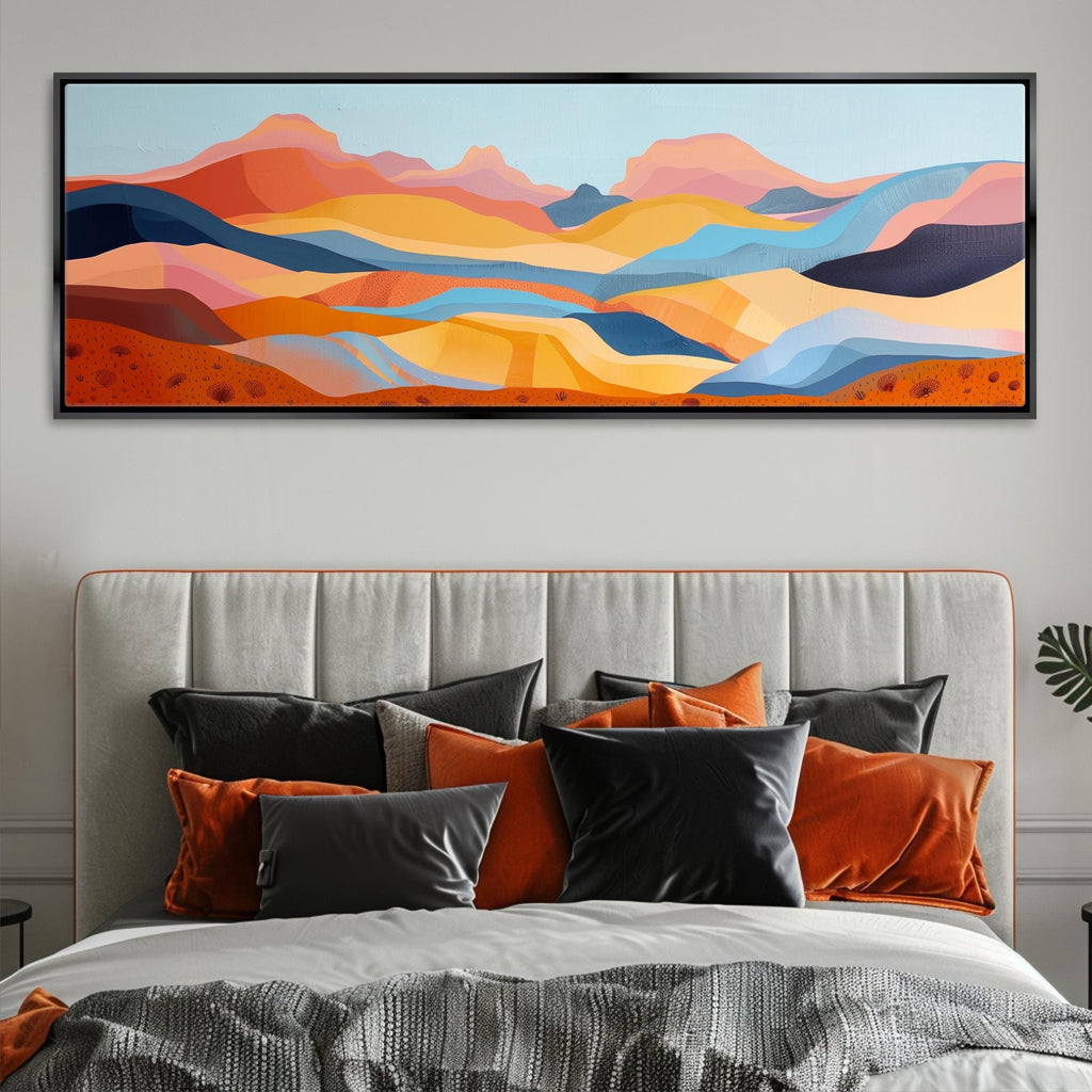 Boho Southwest Wall Art – Panoramic Framed Canvas | Oversized Desert Mountain Painting