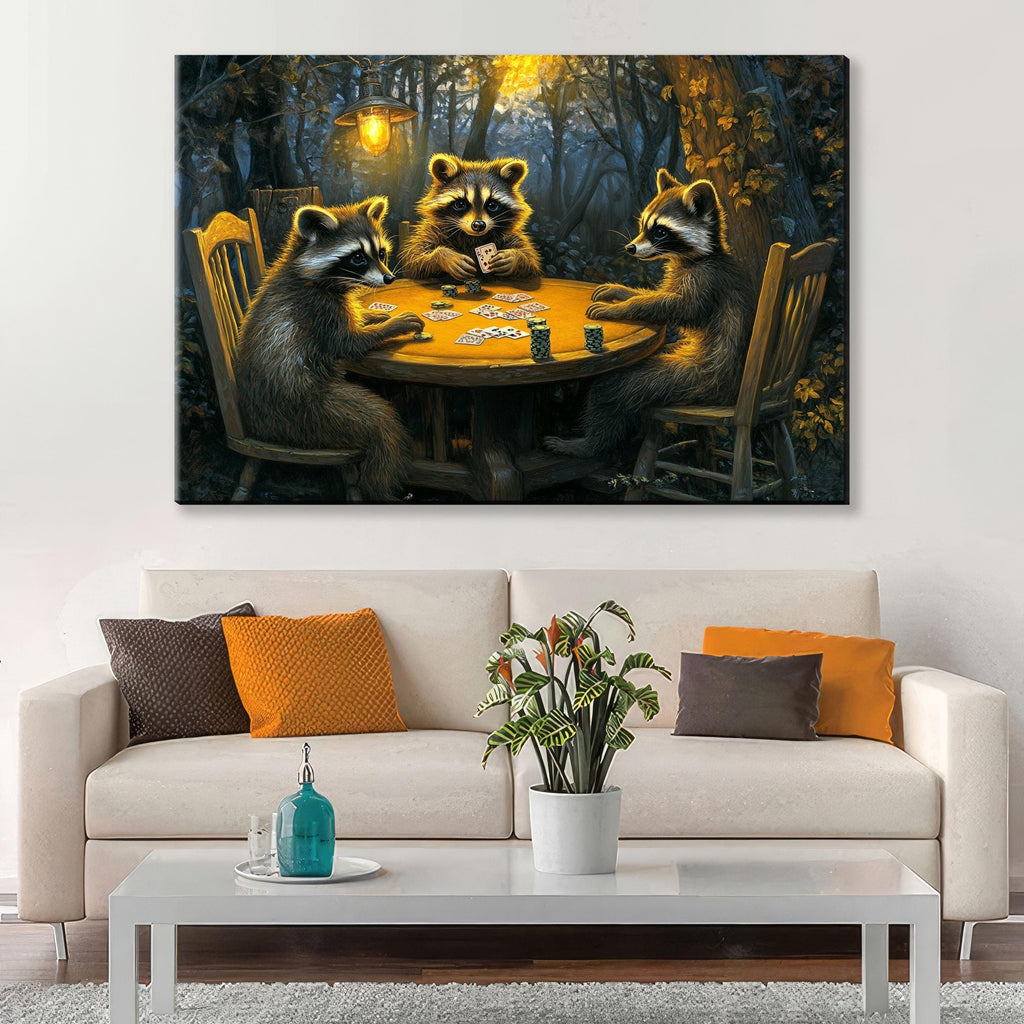 Raccoons Playing Poker Art – Extra Large Canvas | Framed Wall Art for Game Room