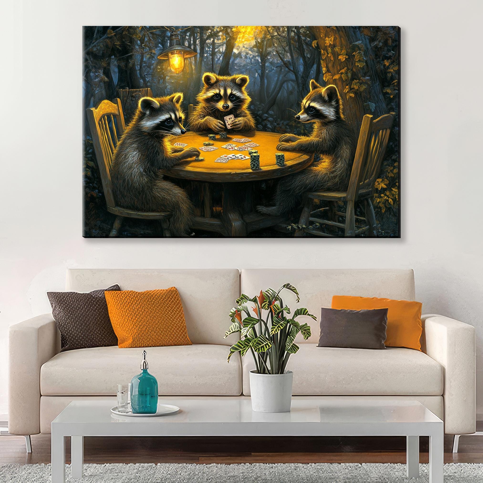 Raccoons Playing Poker Art – Extra Large Canvas | Framed Wall Art for Game Room