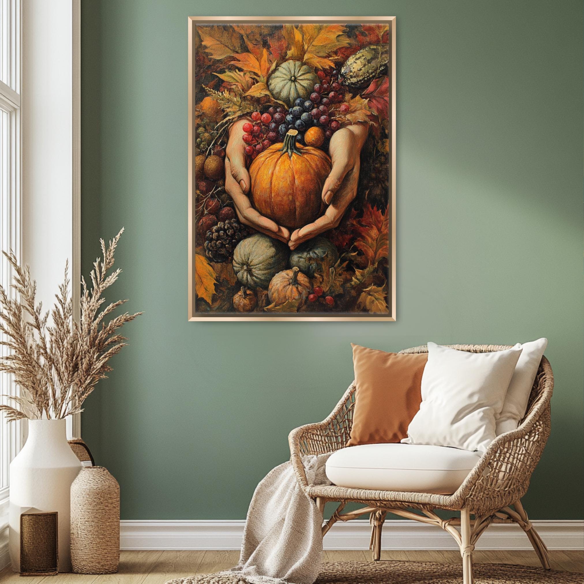 a cozy living room with a wicker chair, a potted plant, and a framed painting of a pumpkin and autumn leaves hanging on the wall.