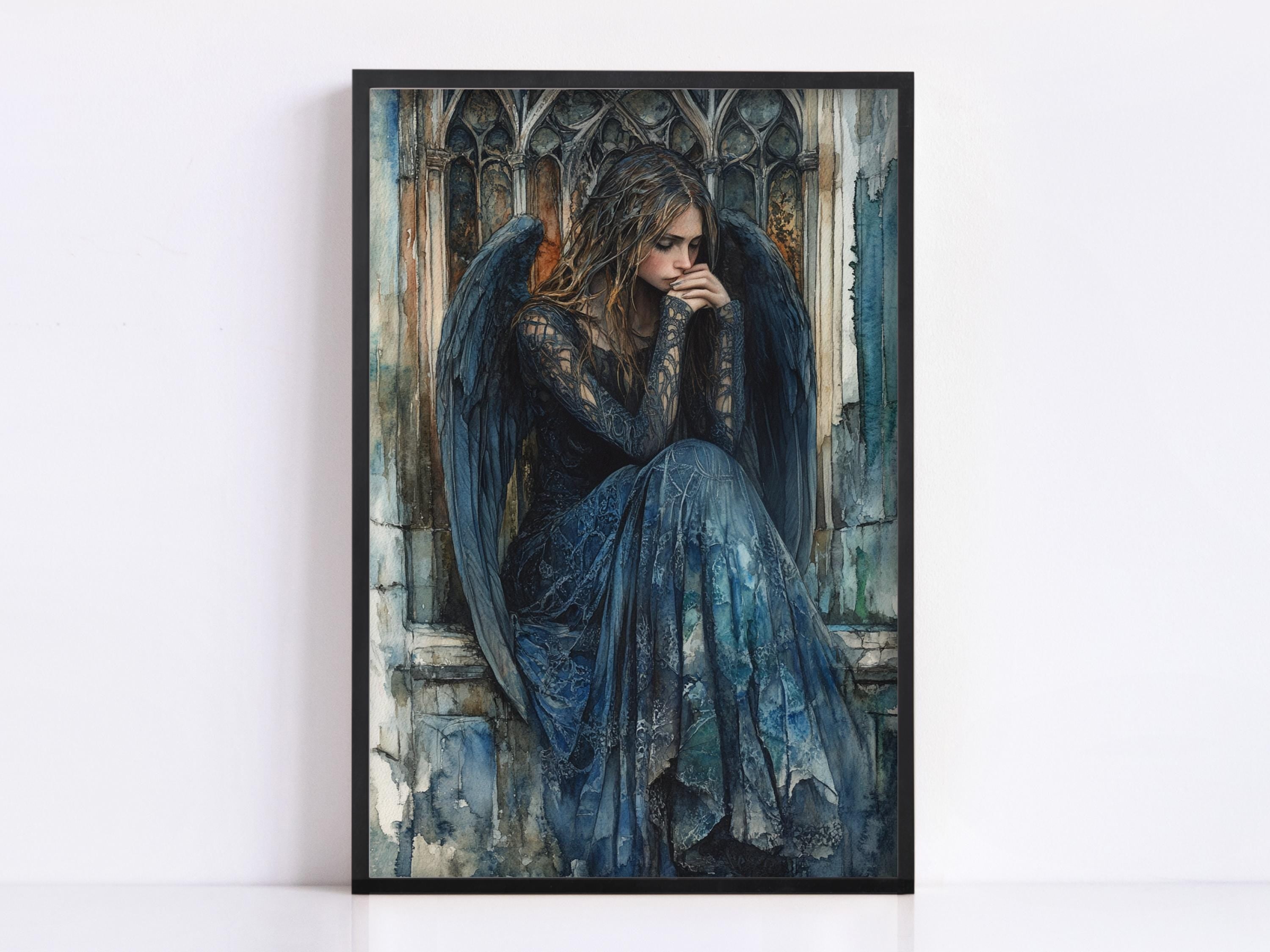 A woman with long hair and a flowing blue dress sits in a Gothic-style window frame, her hands clasped together in a contemplative pose.