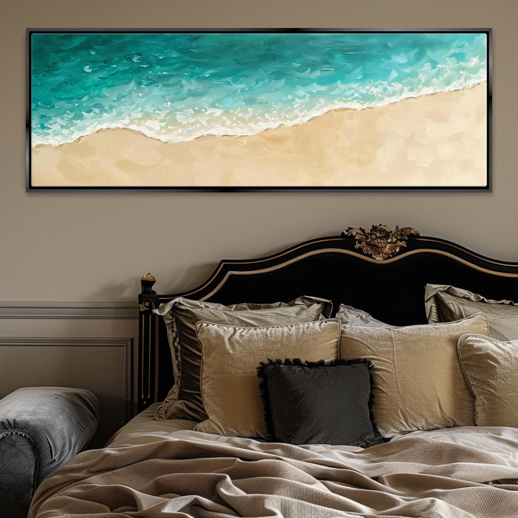 a bed with a large painting on the wall above it