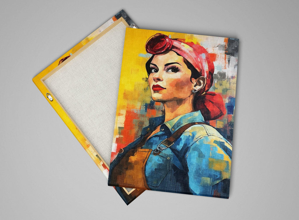 The image is a vibrant painting depicting a woman with a red headband, wearing a blue shirt and overalls, looking directly at the viewer with a serious expression.