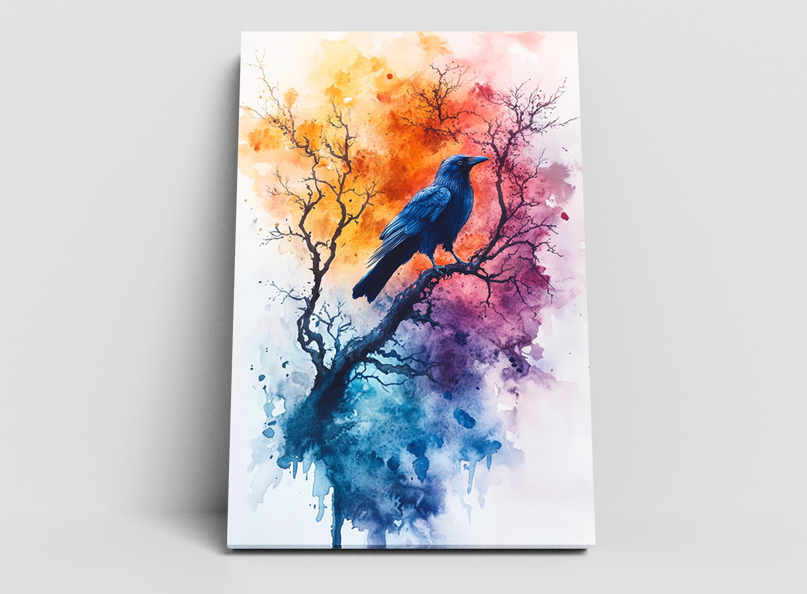 A blue bird perched on a branch, with a colorful, abstract background featuring orange, pink, and purple hues.