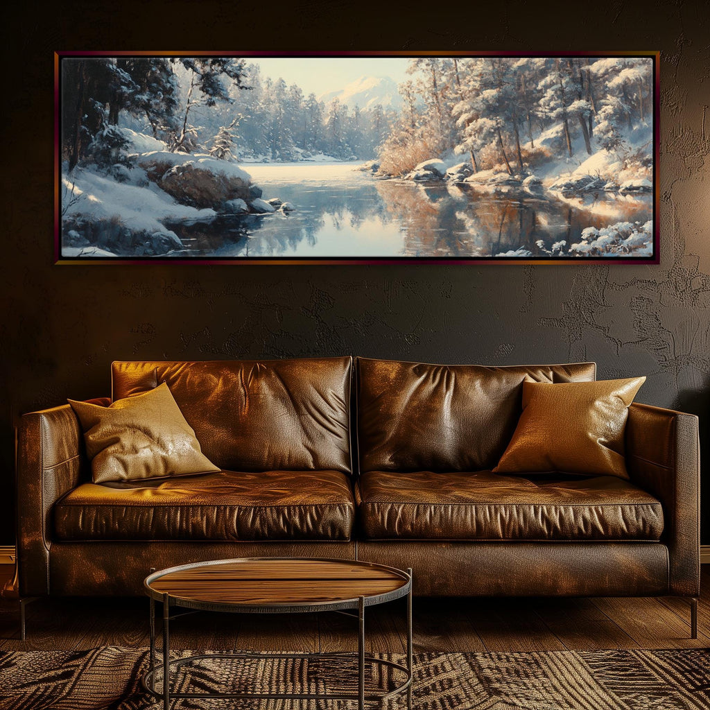 a living room with a couch and a painting on the wall