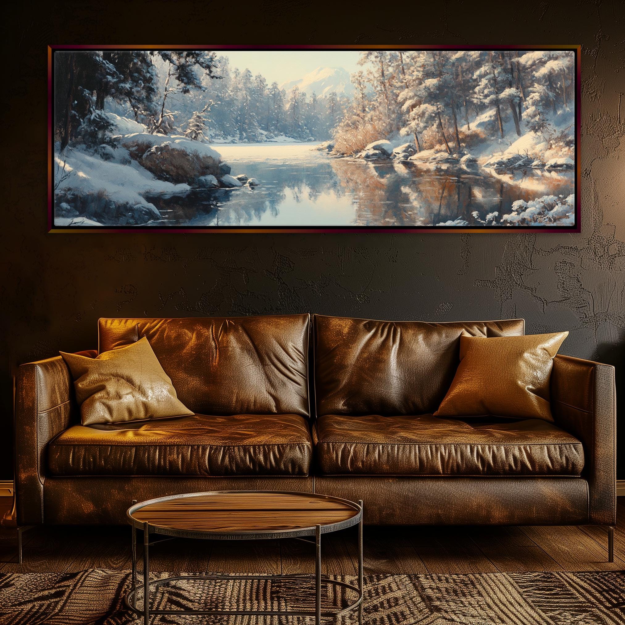 a living room with a couch and a painting on the wall