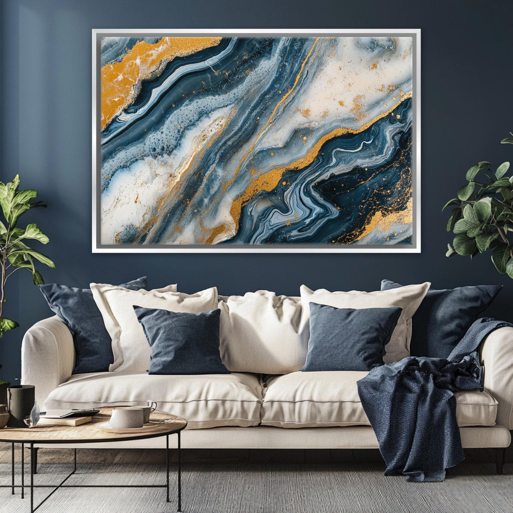 a living room with a couch and a painting on the wall