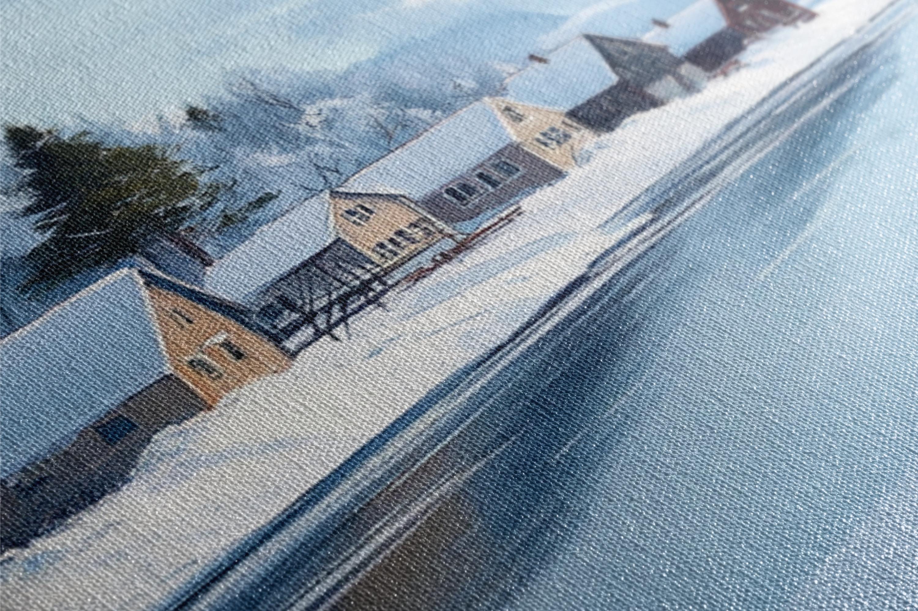 a painting of a snow covered town with a clock tower