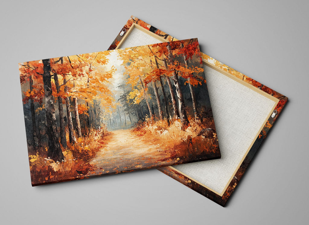 a scenic autumn forest path with trees displaying vibrant orange and yellow foliage.