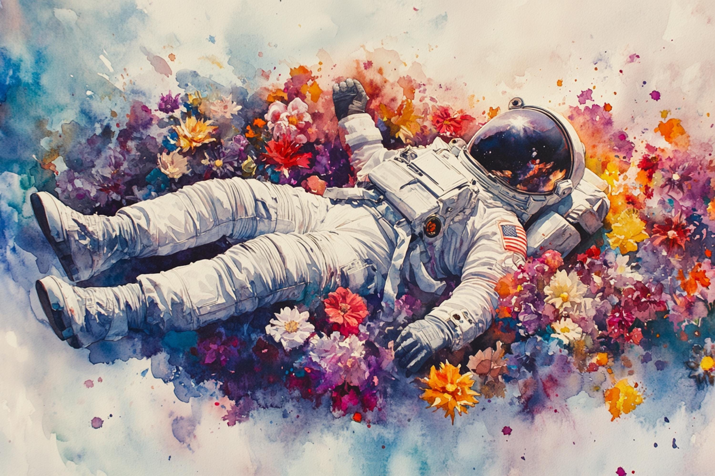 An astronaut floating in a colorful, flower-filled space, surrounded by a vibrant array of flowers.