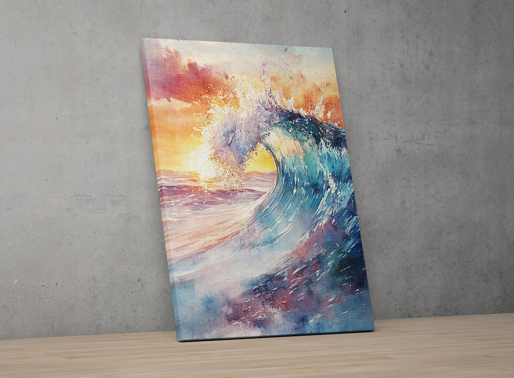 The image is a vibrant painting depicting a large, crashing wave with a warm, fiery sunset in the background.