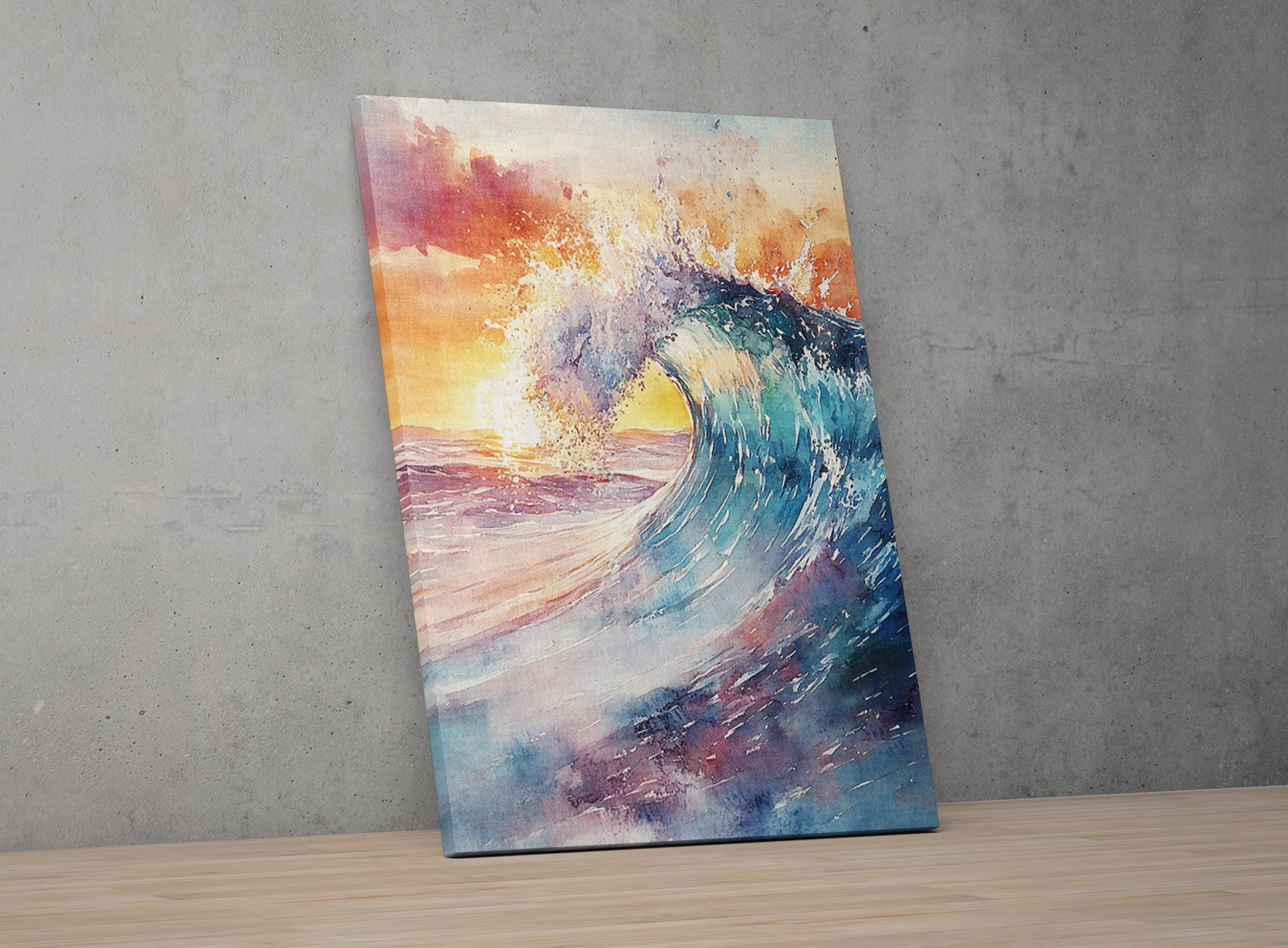 The image is a vibrant painting depicting a large, crashing wave with a warm, fiery sunset in the background.