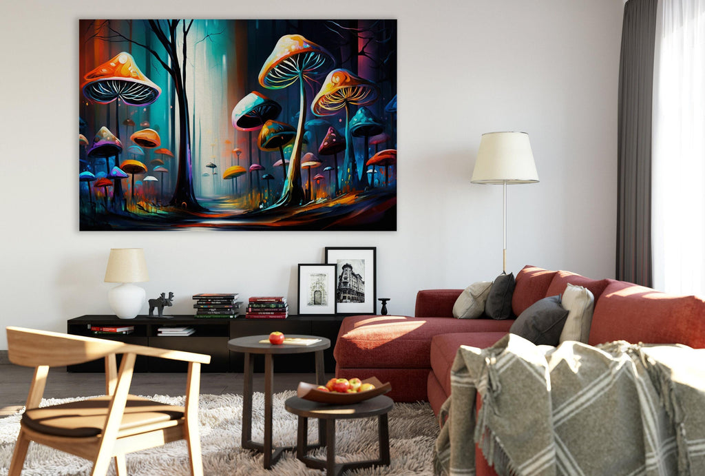 Psychedelic Mushrooms Canvas – Trippy Landscape Art with Vibrant Psychedelic Wall Decor