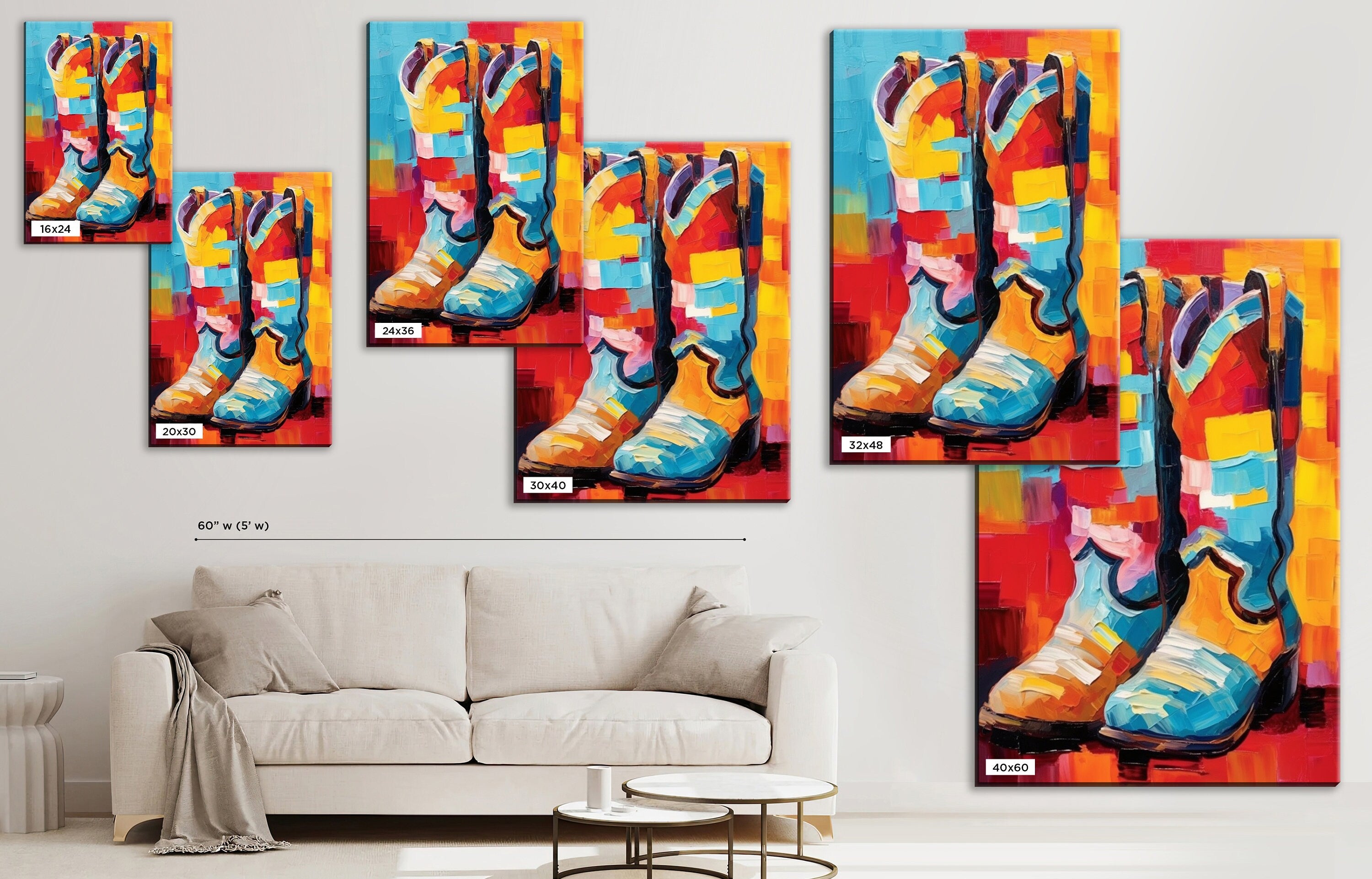Western Cowboy Boots Canvas – Large Colorful Texas Themed Wall Art Print