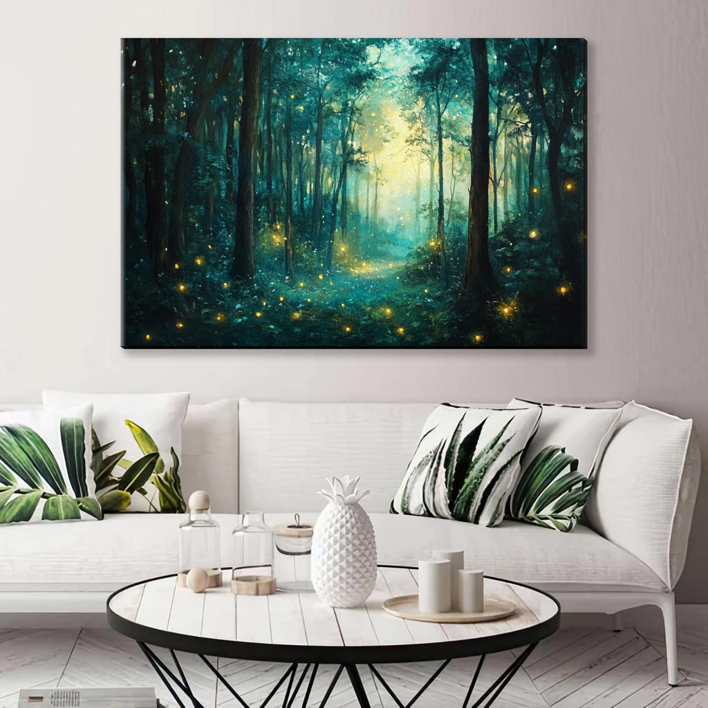 a living room with a white couch and a painting on the wall