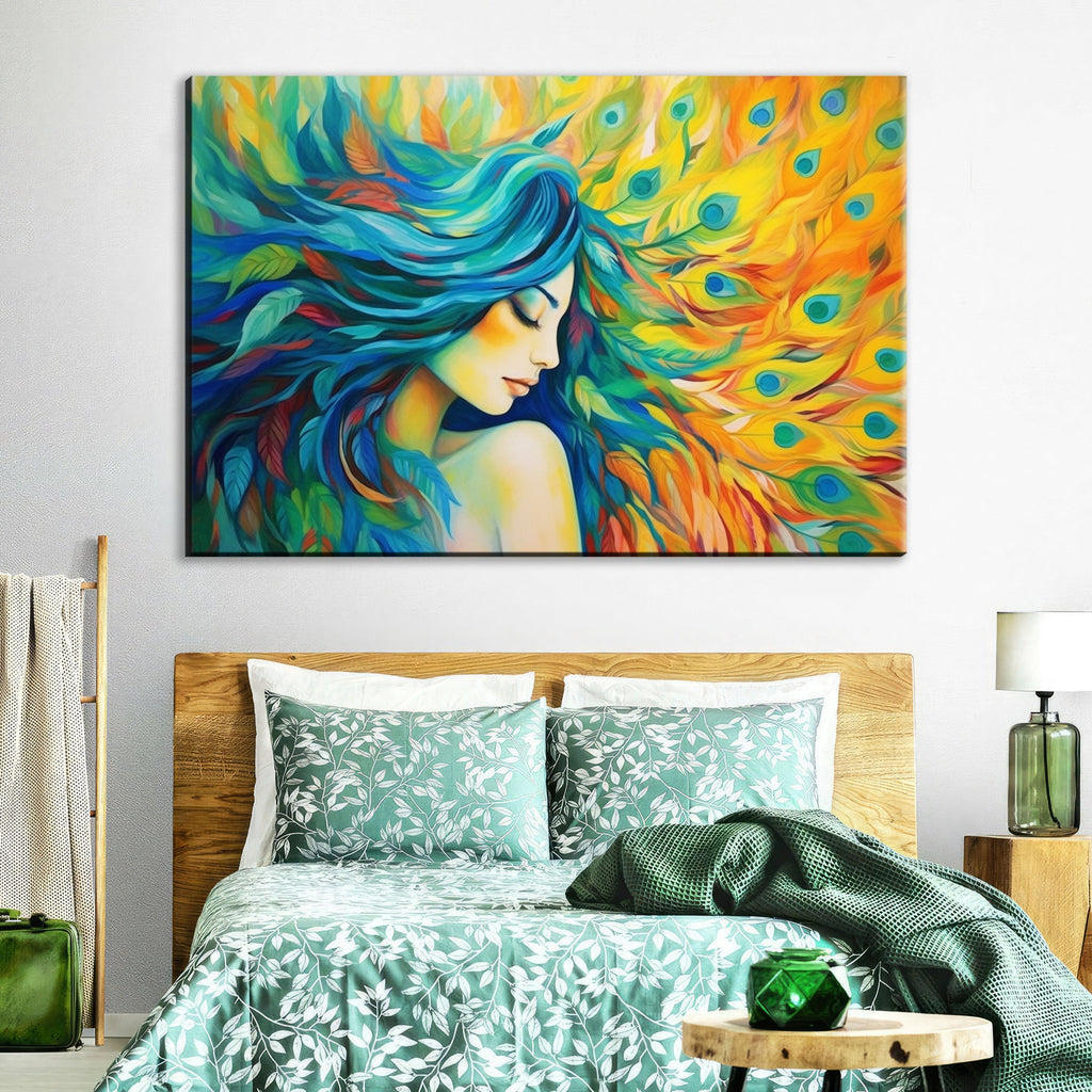 Peacock Feather Canvas - Elegant Woman Portrait Art | Large Gallery Ready Print