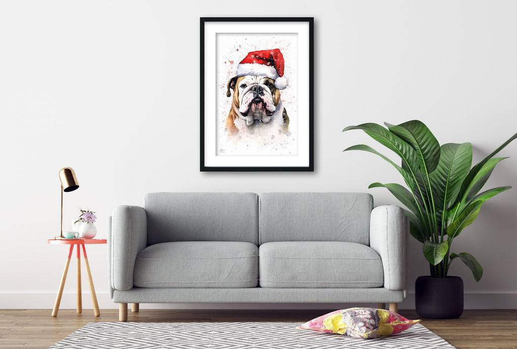Christmas Bulldog - English Bulldog with Santa Hat, Giclee Print on Canvas, Artist Paper, Watercolor Paper, Available in Extra Large Sizes