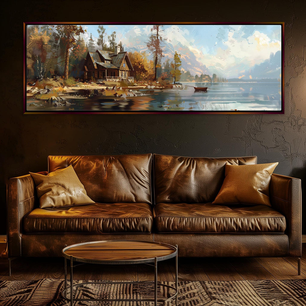 a living room with a couch and a painting on the wall