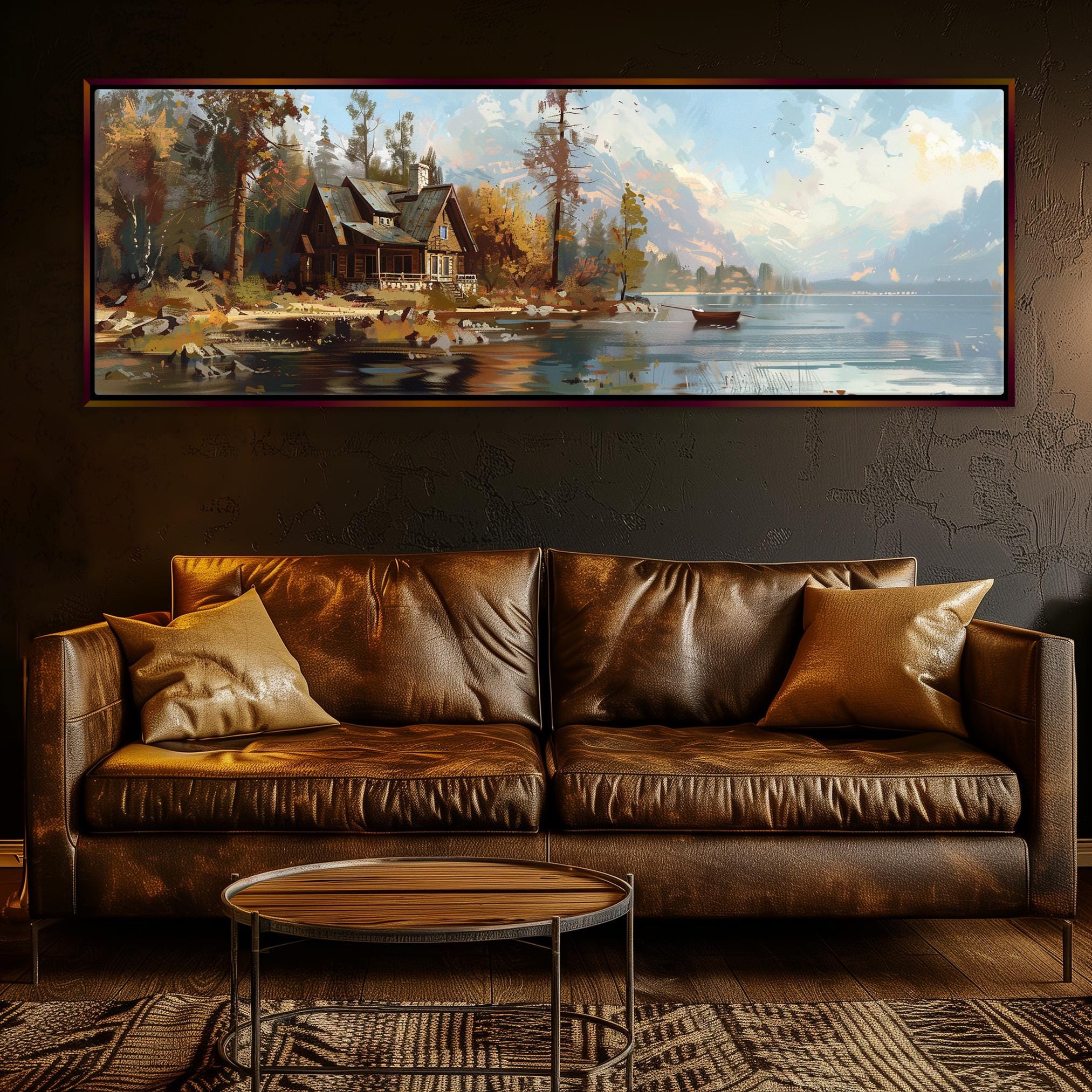 a living room with a couch and a painting on the wall