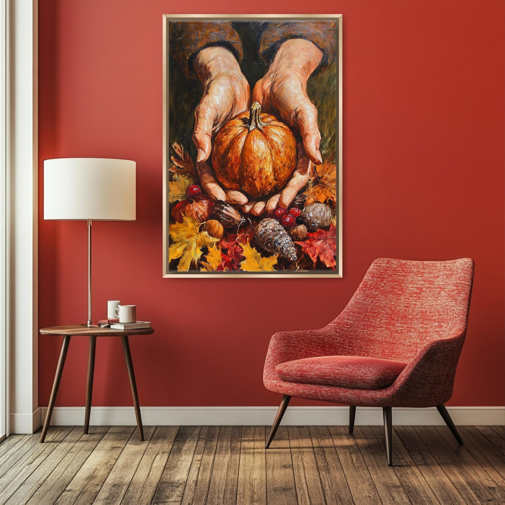a cozy living room with a vibrant red wall, a wooden floor, and a comfortable red armchair. Above the armchair, there is a large painting depicting a pair of hands holding a pumpkin and autumn leaves.