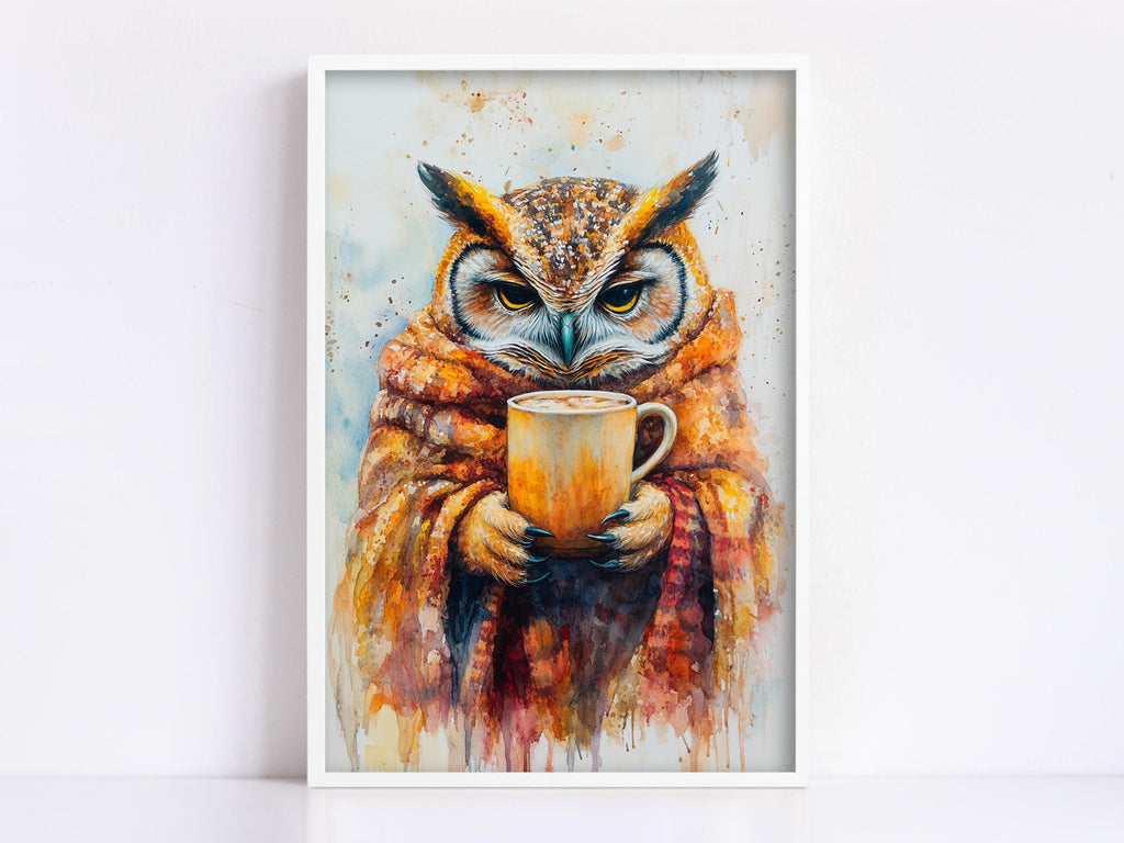A framed painting depicting an owl holding a cup of coffee, with a warm and cozy atmosphere.