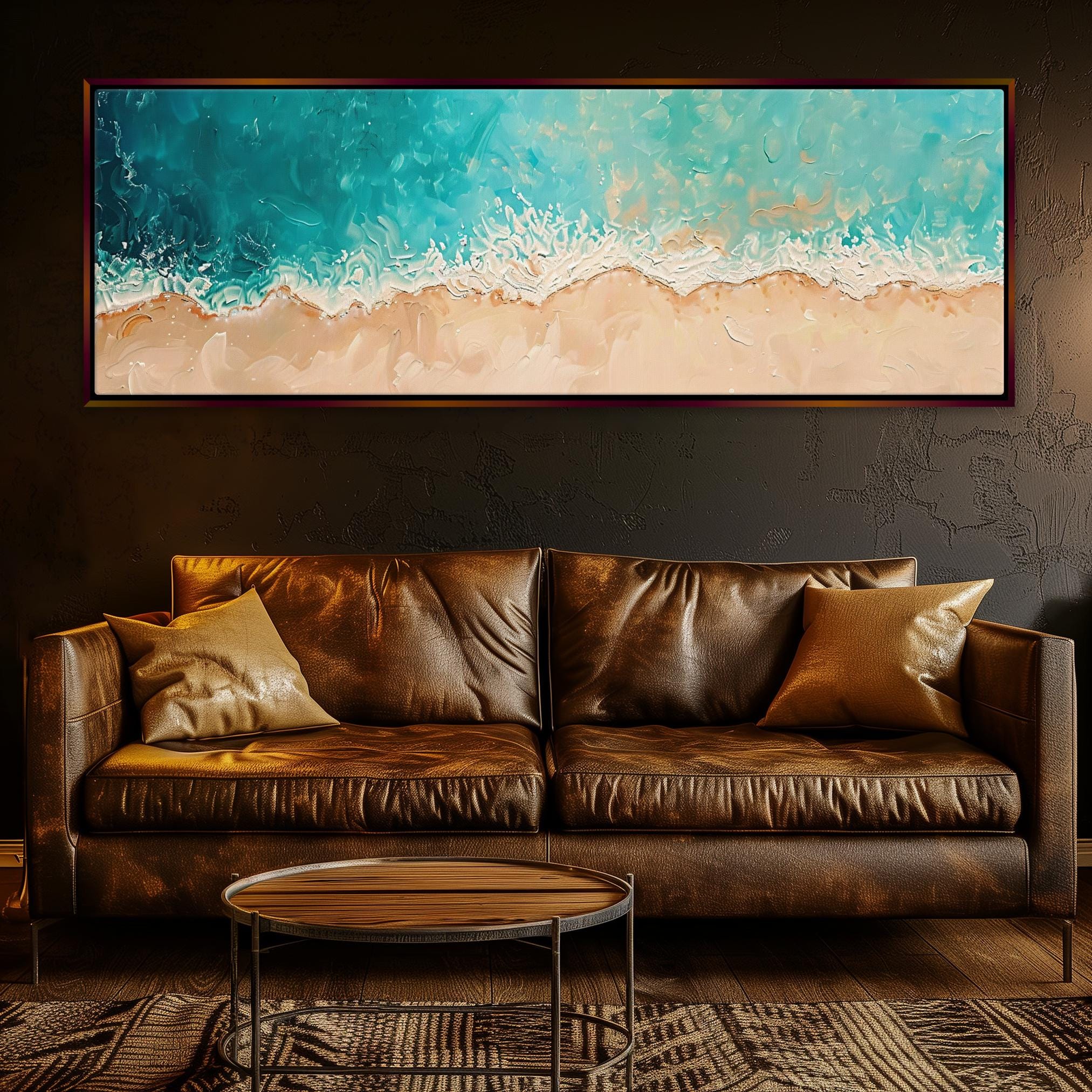 a living room with a couch and a painting on the wall