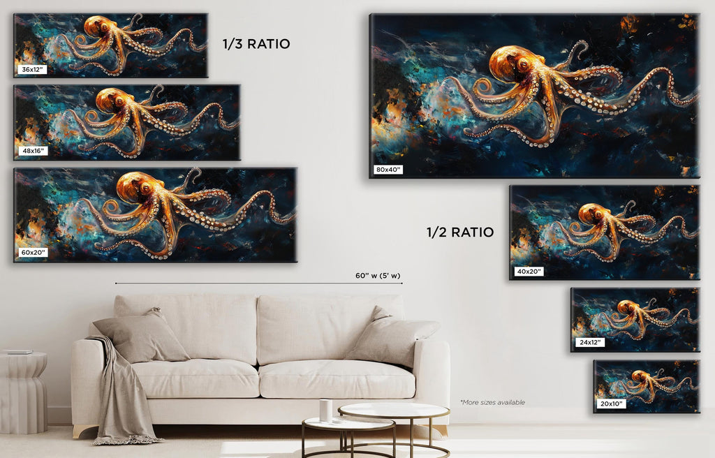 a living room with a couch and three paintings on the wall