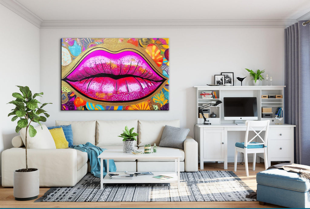 Gold Glitter Lips Canvas Wall Art – Large Feminine Pop Art Decor, Gallery Ready Print