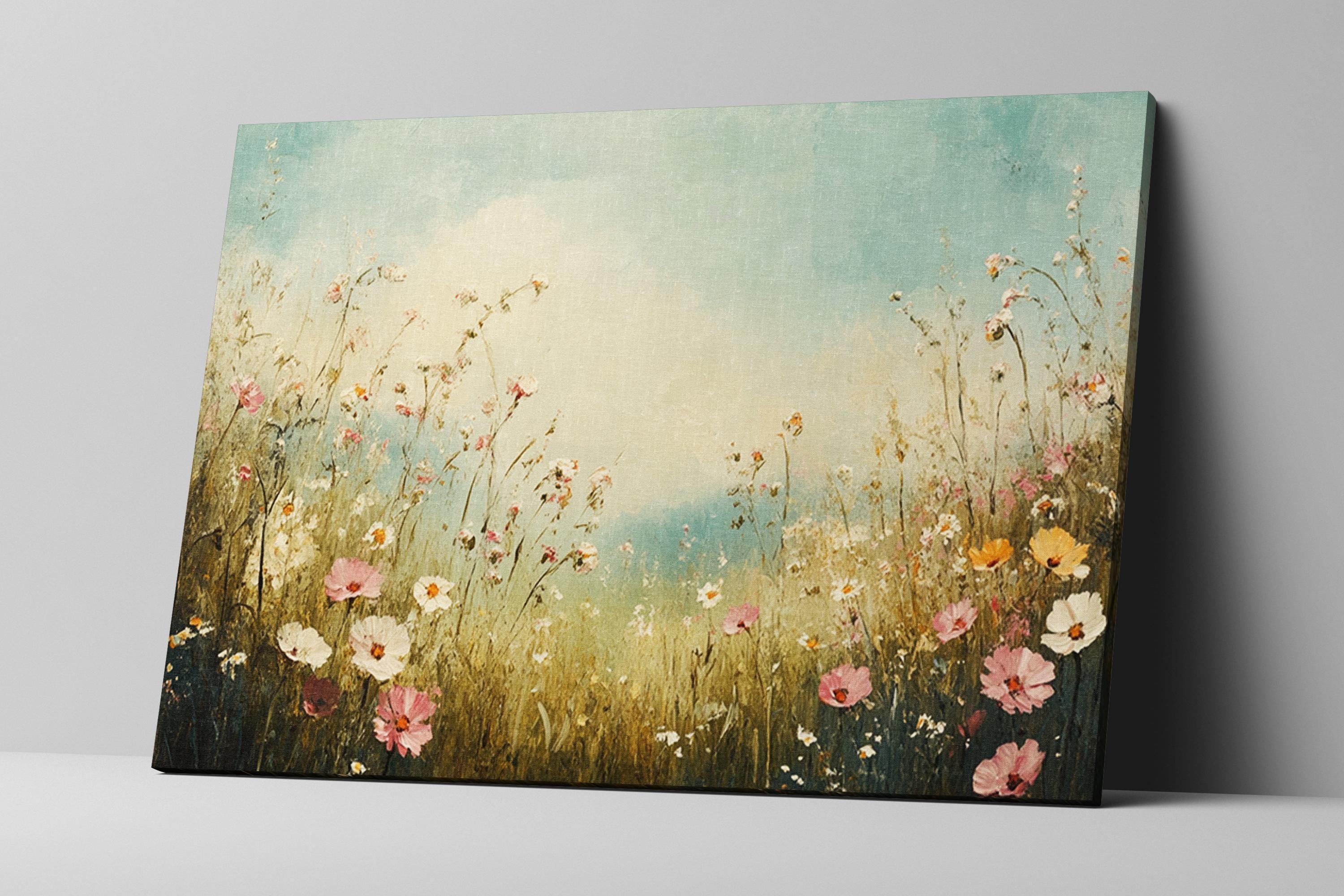 Vintage Wall Art – Extra Large Wildflower Canvas Print | Muted Color, Ready to Hang