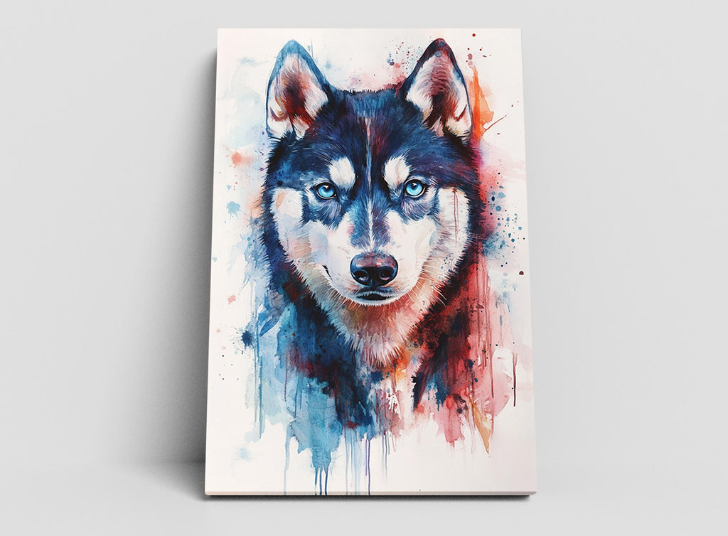 A close-up portrait of a husky dog with striking blue eyes and a black and white coat, set against a background of colorful splashes of paint.