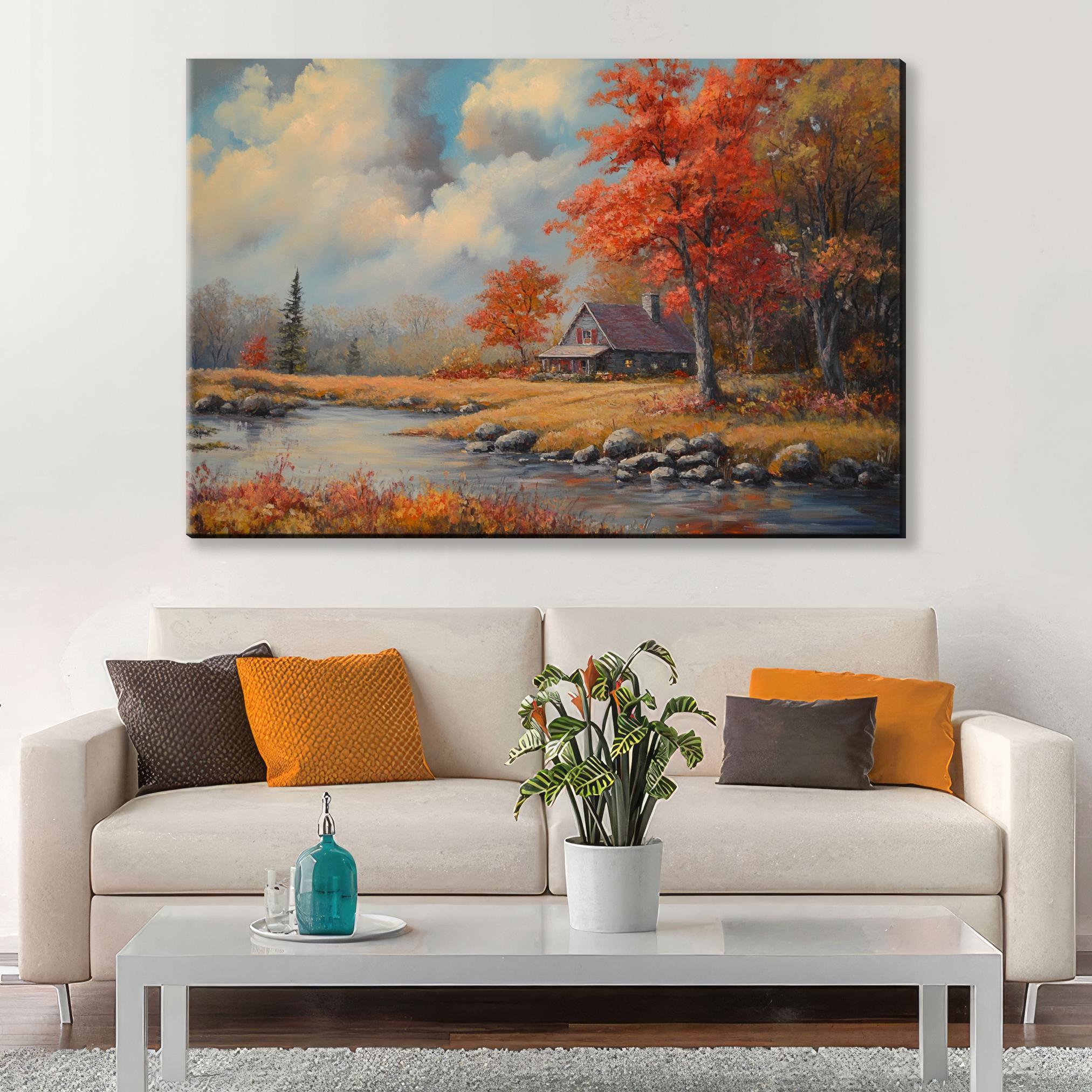 Fall Scene Wall Art – Extra Large Framed Canvas Print | Rustic Farmhouse Decor