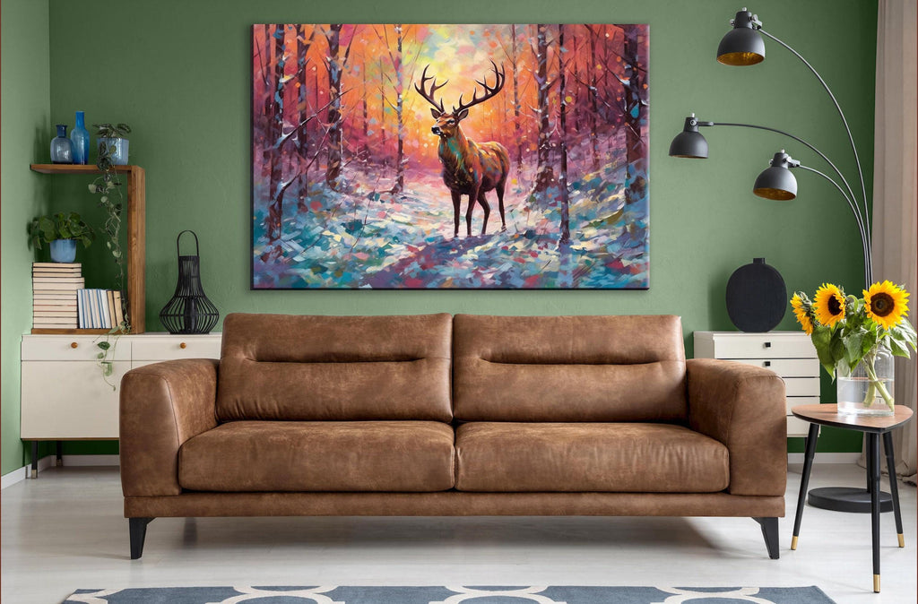 Reindeer Canvas Art - Snowy Winter Landscape | Christmas Wall Decor | Extra Large Canvas