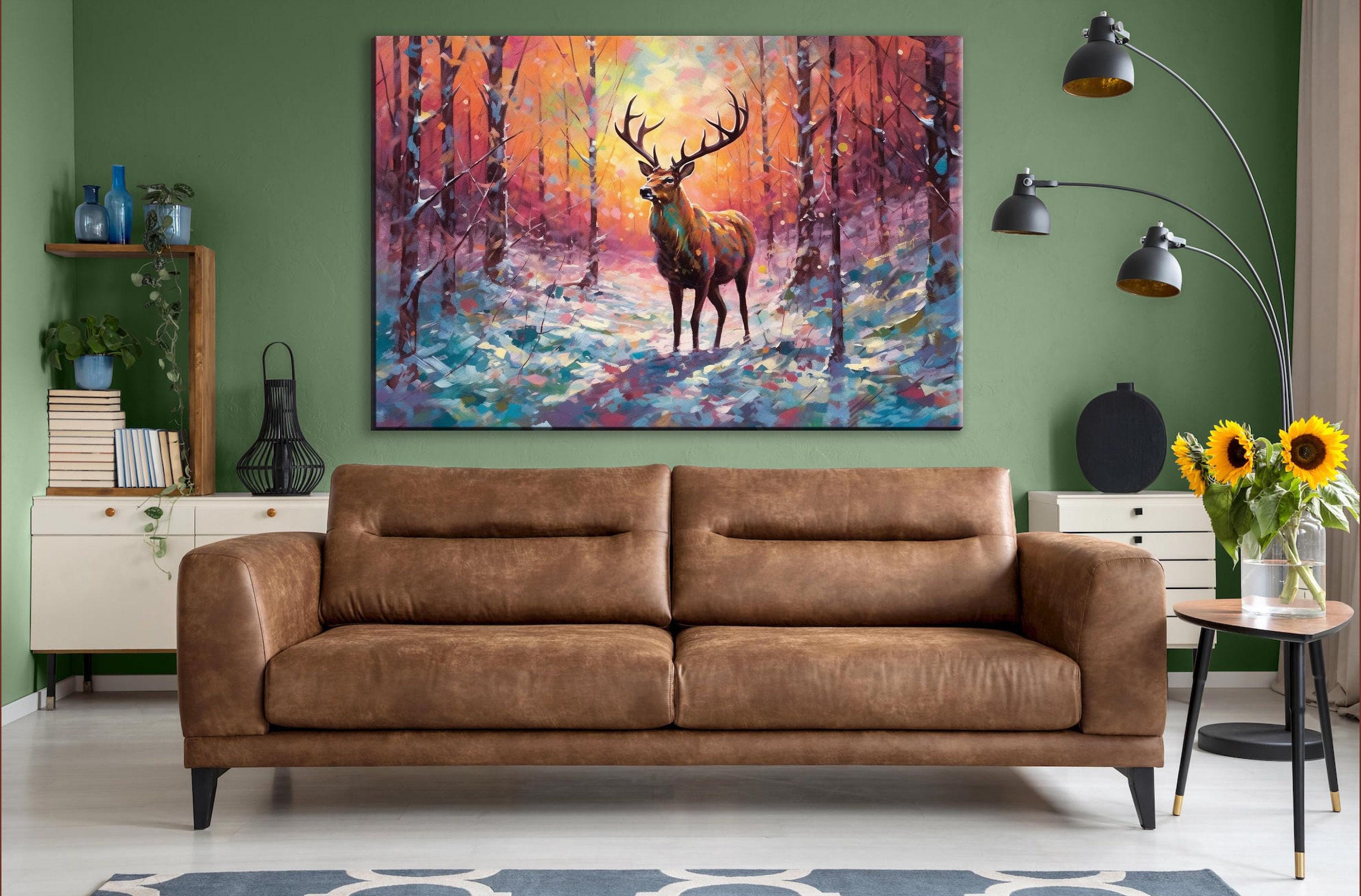 Reindeer Canvas Art - Snowy Winter Landscape | Christmas Wall Decor | Extra Large Canvas
