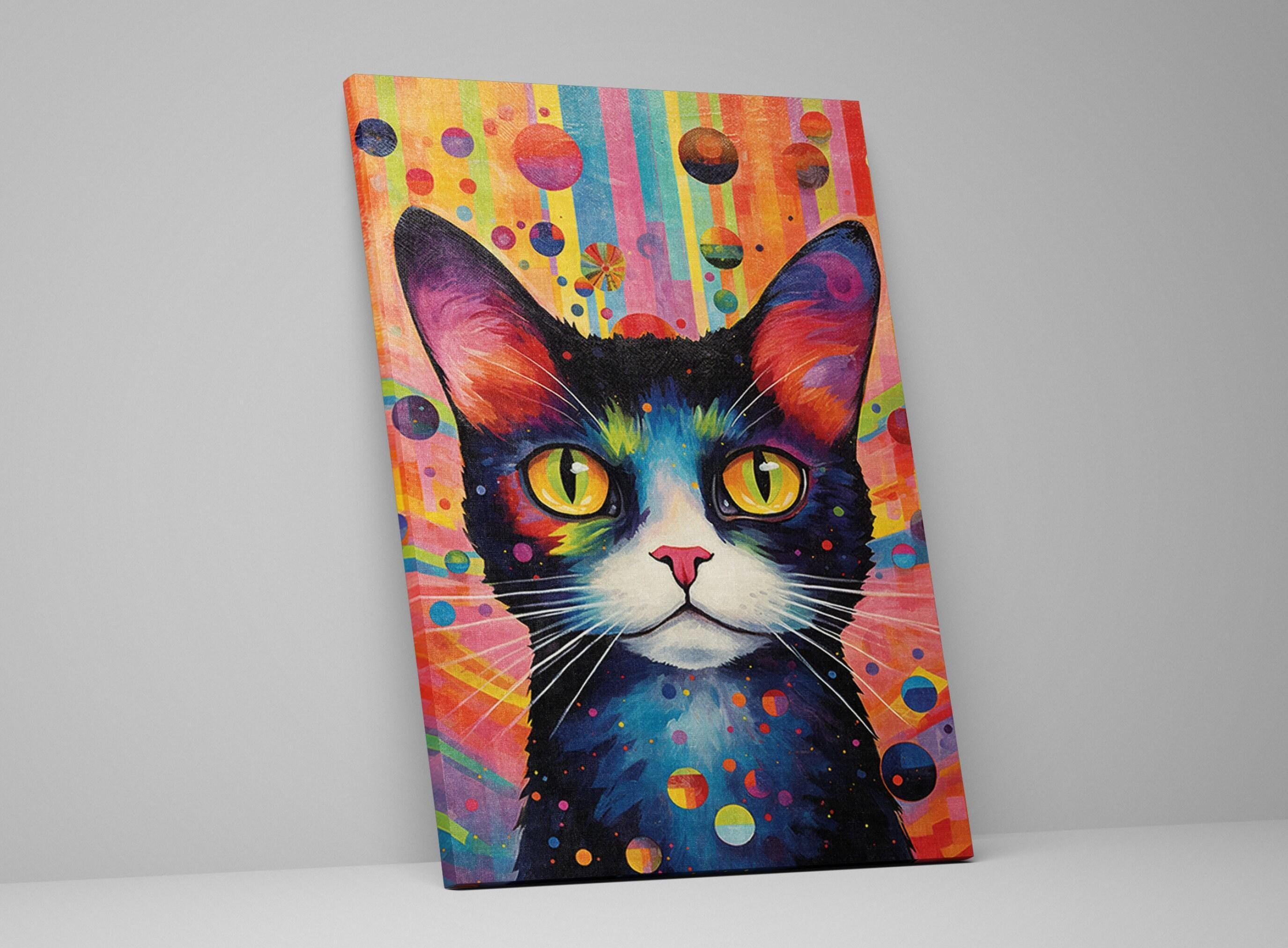 Cat Canvas Wall Art – Large Whimsical Kitten Painting | Colorful Cat Artwork