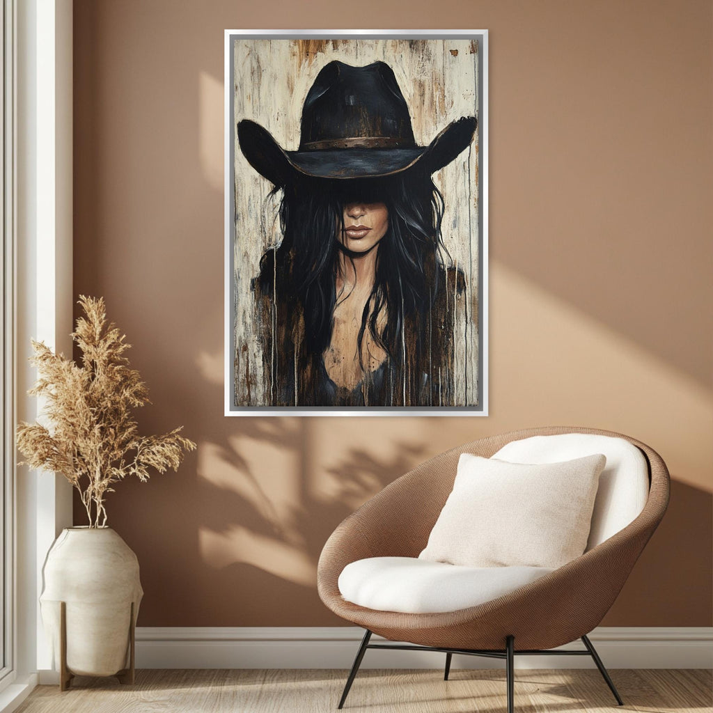 a painting of a woman wearing a cowboy hat