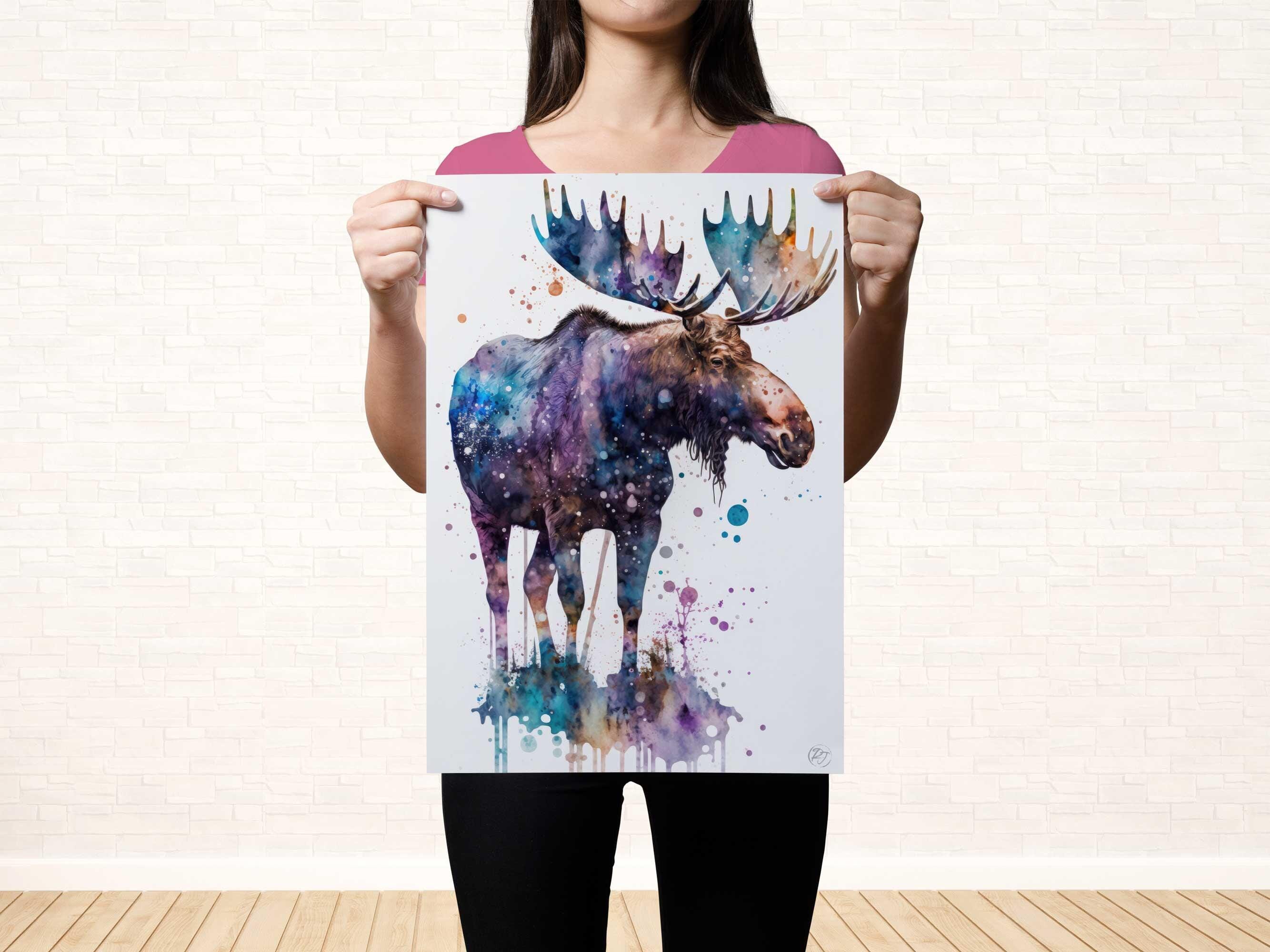 Moose Watercolor Art Print, Nursery Animal Canvas Print, Cute Decor, Framed Kids Wall Art