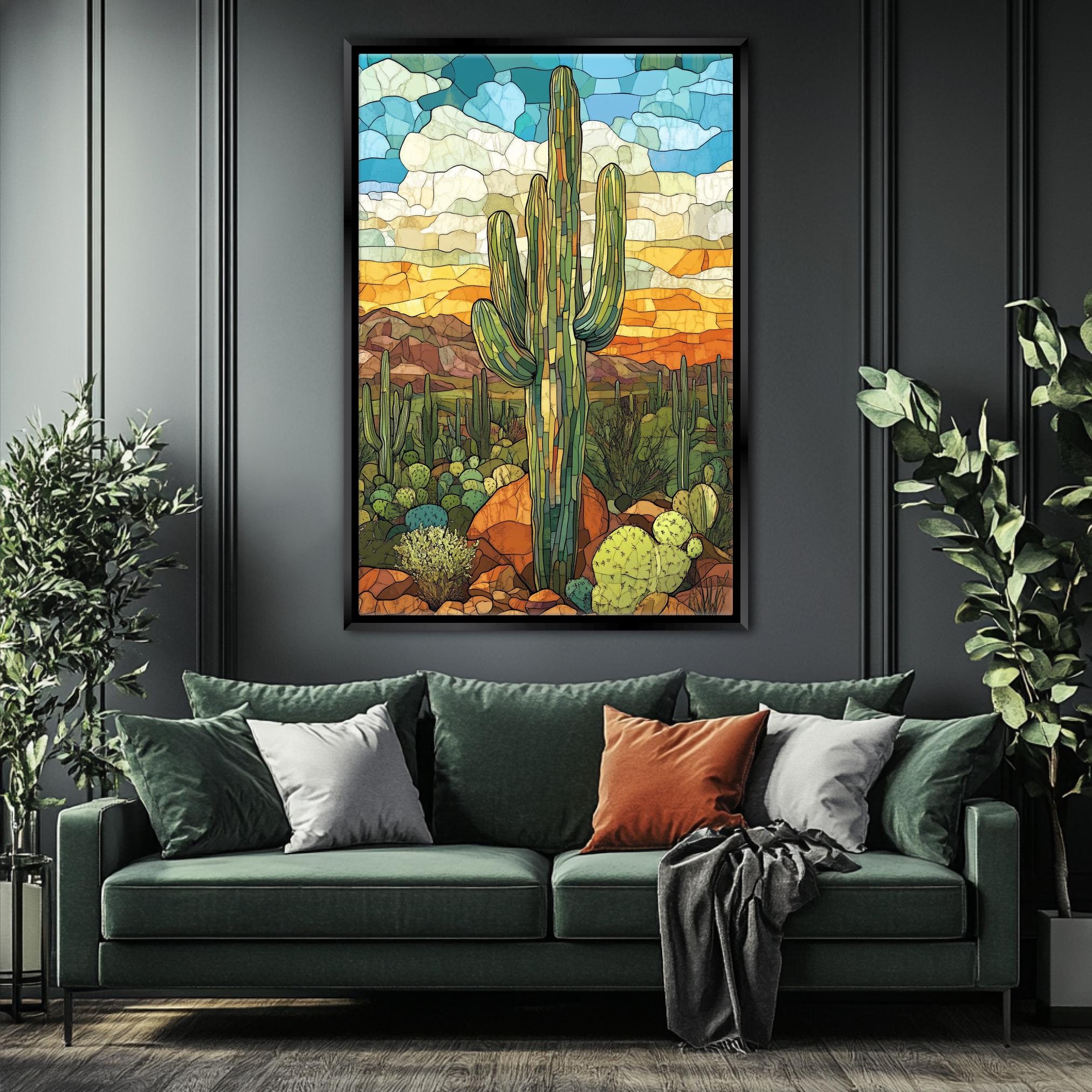 a living room with a couch and a painting on the wall
