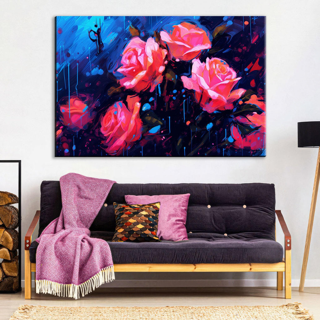 Abstract Roses Canvas | Extra Large Floral Wall Decor - Vibrant Paint Drip Artwork