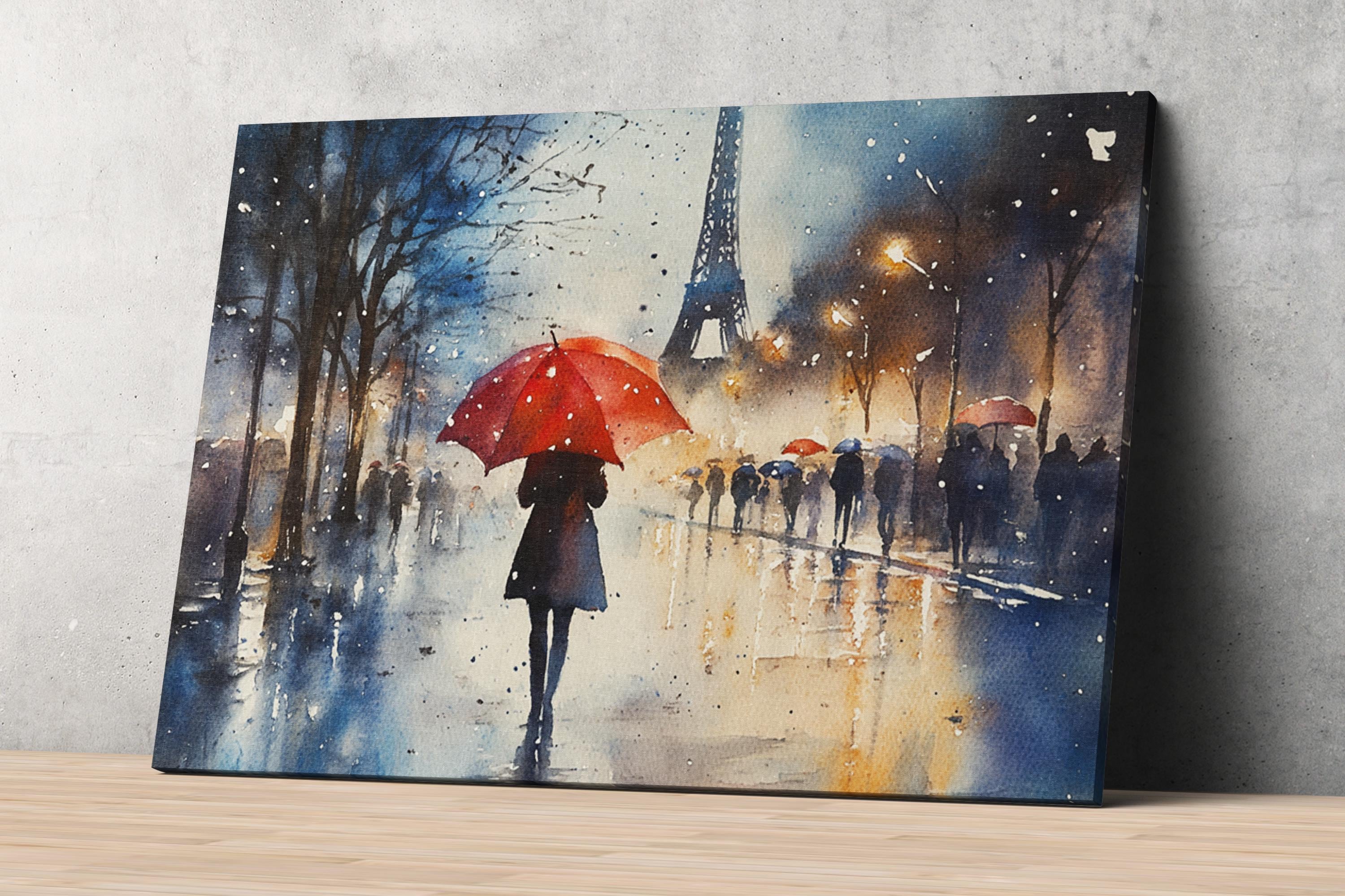 A watercolor painting depicting a woman walking down a rainy street with a red umbrella, surrounded by other people holding umbrellas, with the Eiffel Tower visible in the background.