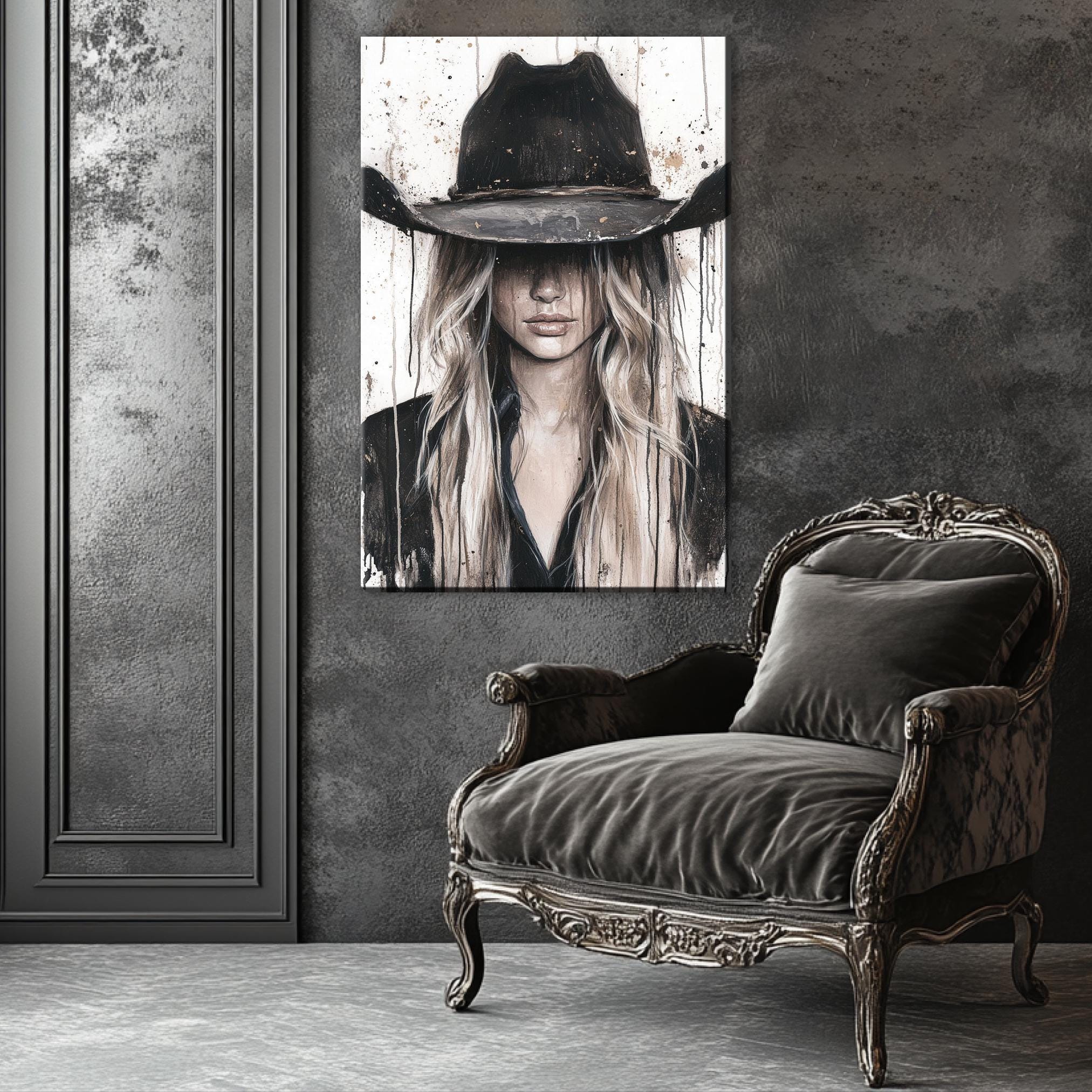 a painting of a woman wearing a cowboy hat