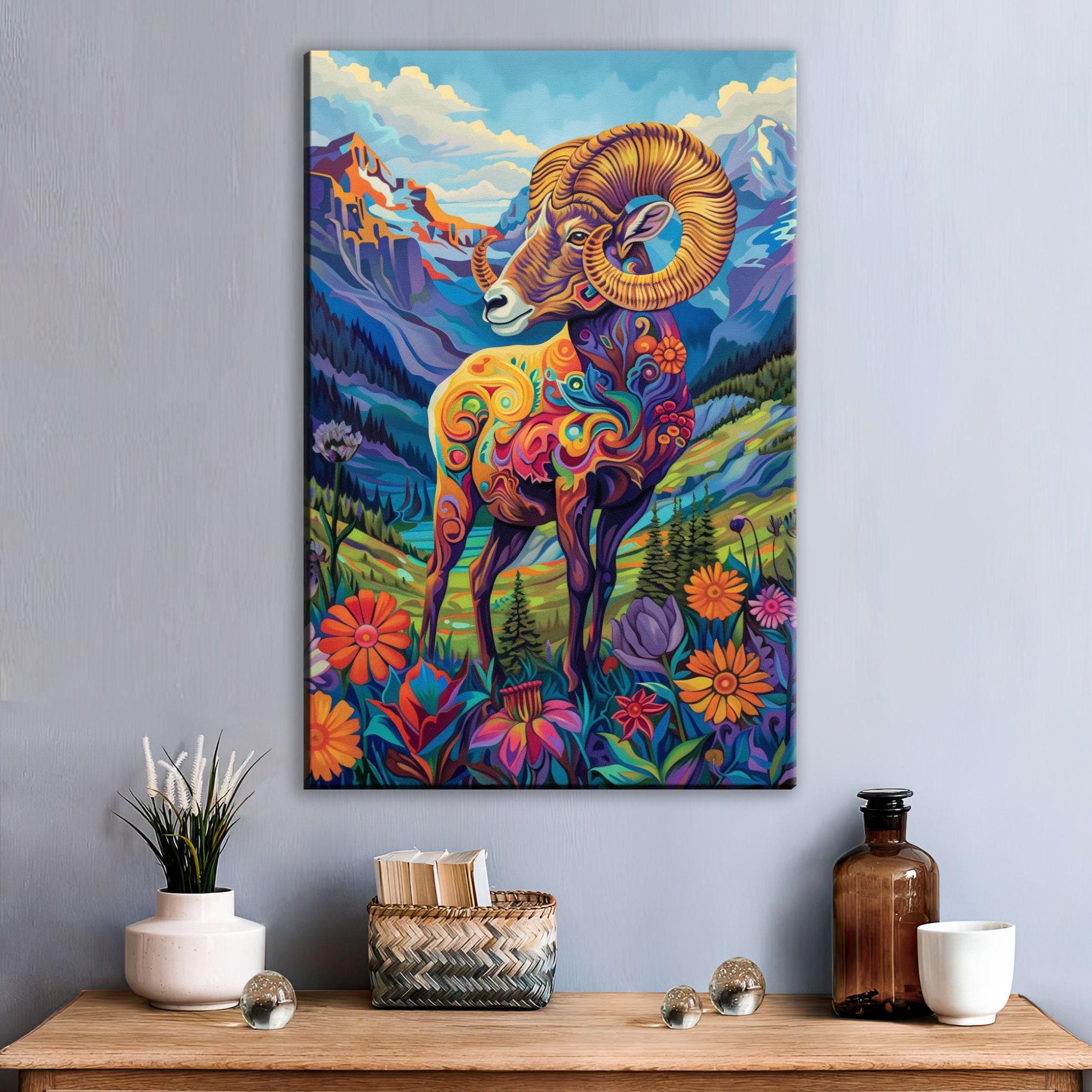 Bighorn Sheep Canvas – Vibrant Wildlife Painting on Gallery Wrapped Large Canvas Print