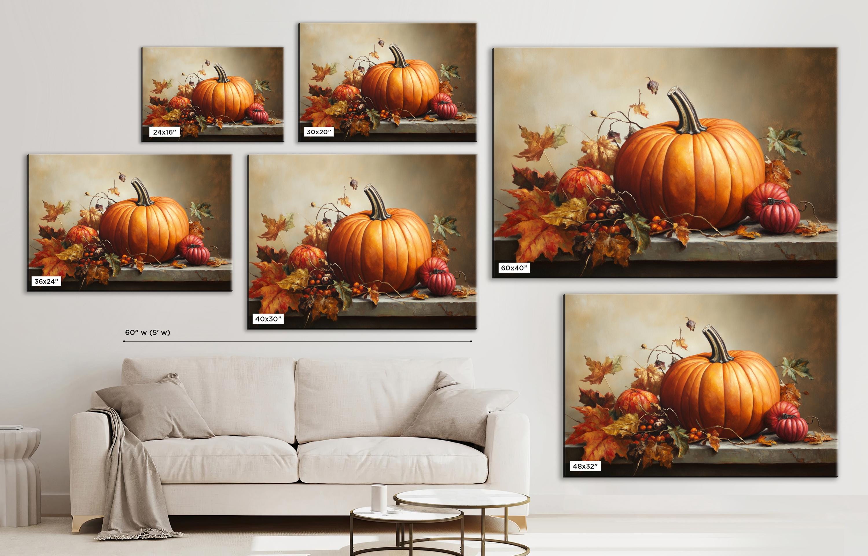 The image is a collage of five pictures depicting pumpkins and autumn leaves on a shelf or mantle.