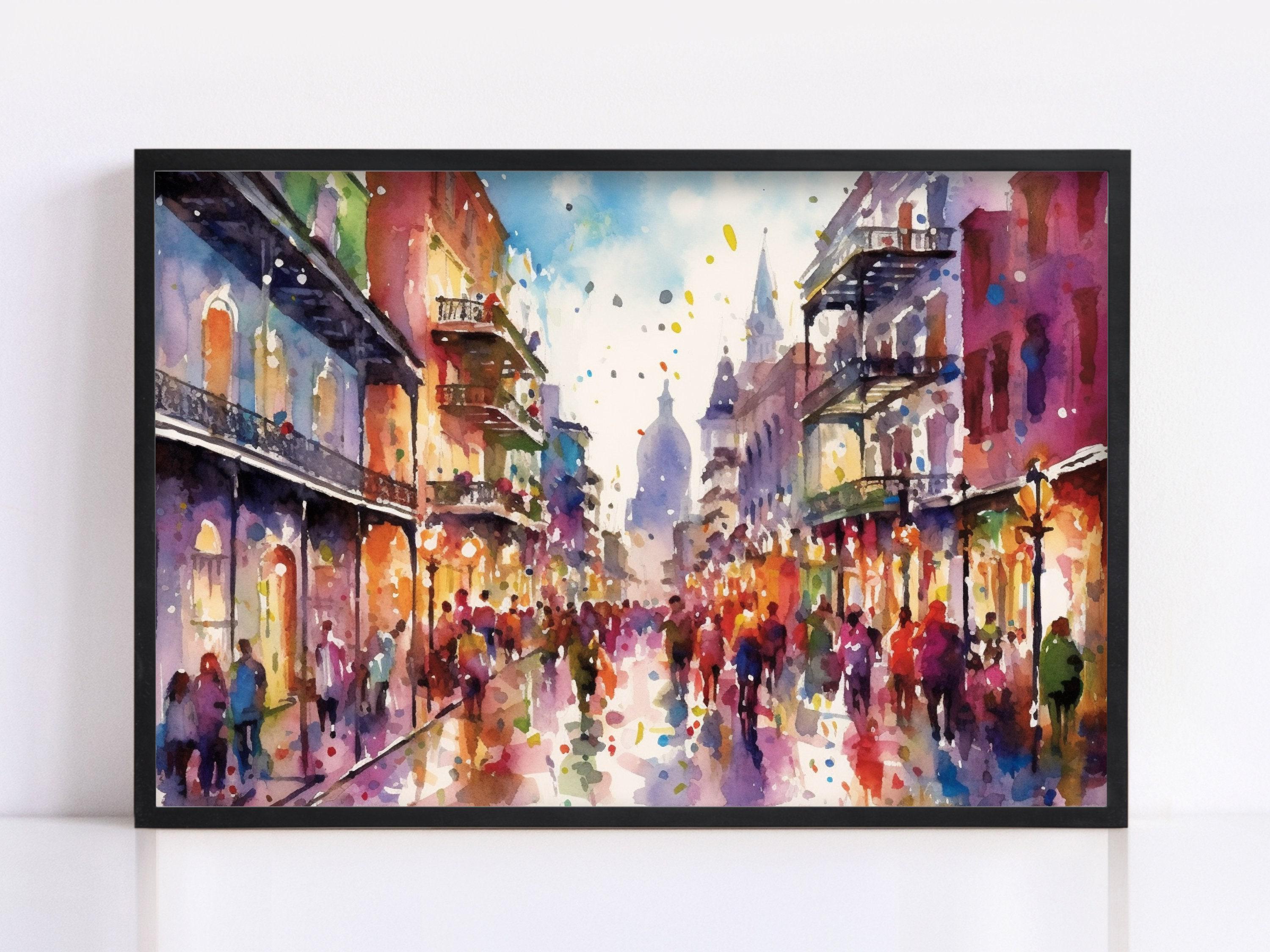 Colorful Mardi Gras Party Scene Watercolor – Bourbon Street, Print on Canvas, Artist Paper, Watercolor Paper, Available in Extra Large Sizes