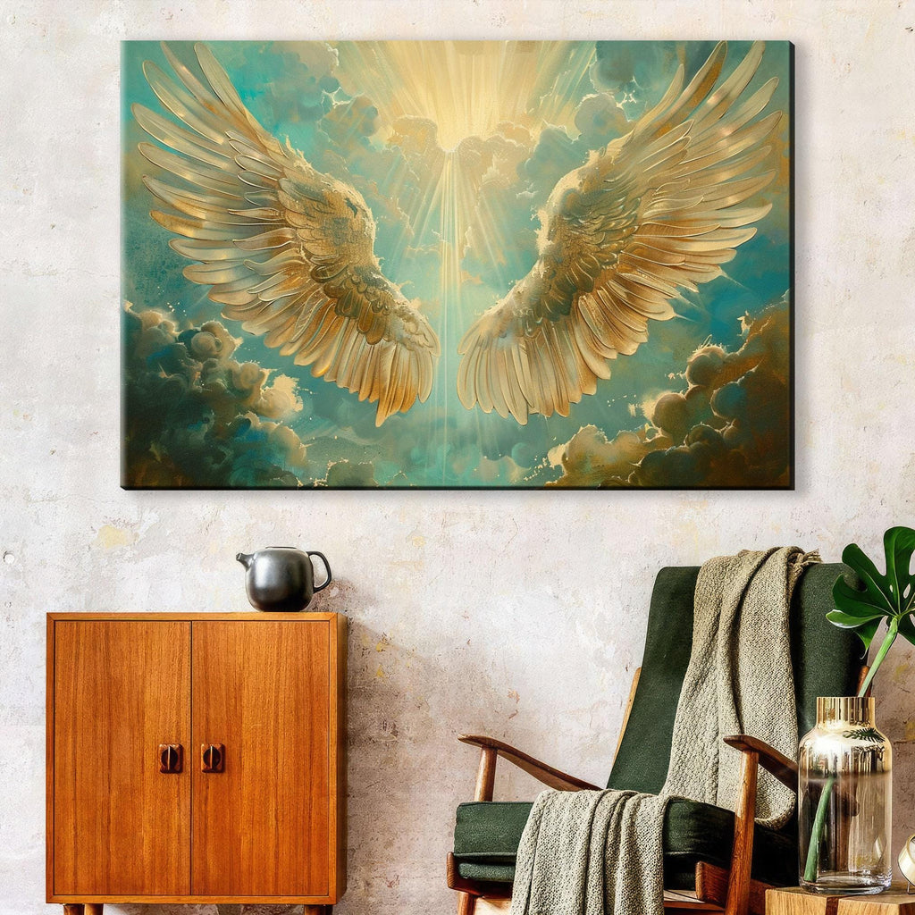 Angel Wings Art – Large Canvas Print | Heavenly Sun Rays | Christian Wall Decor